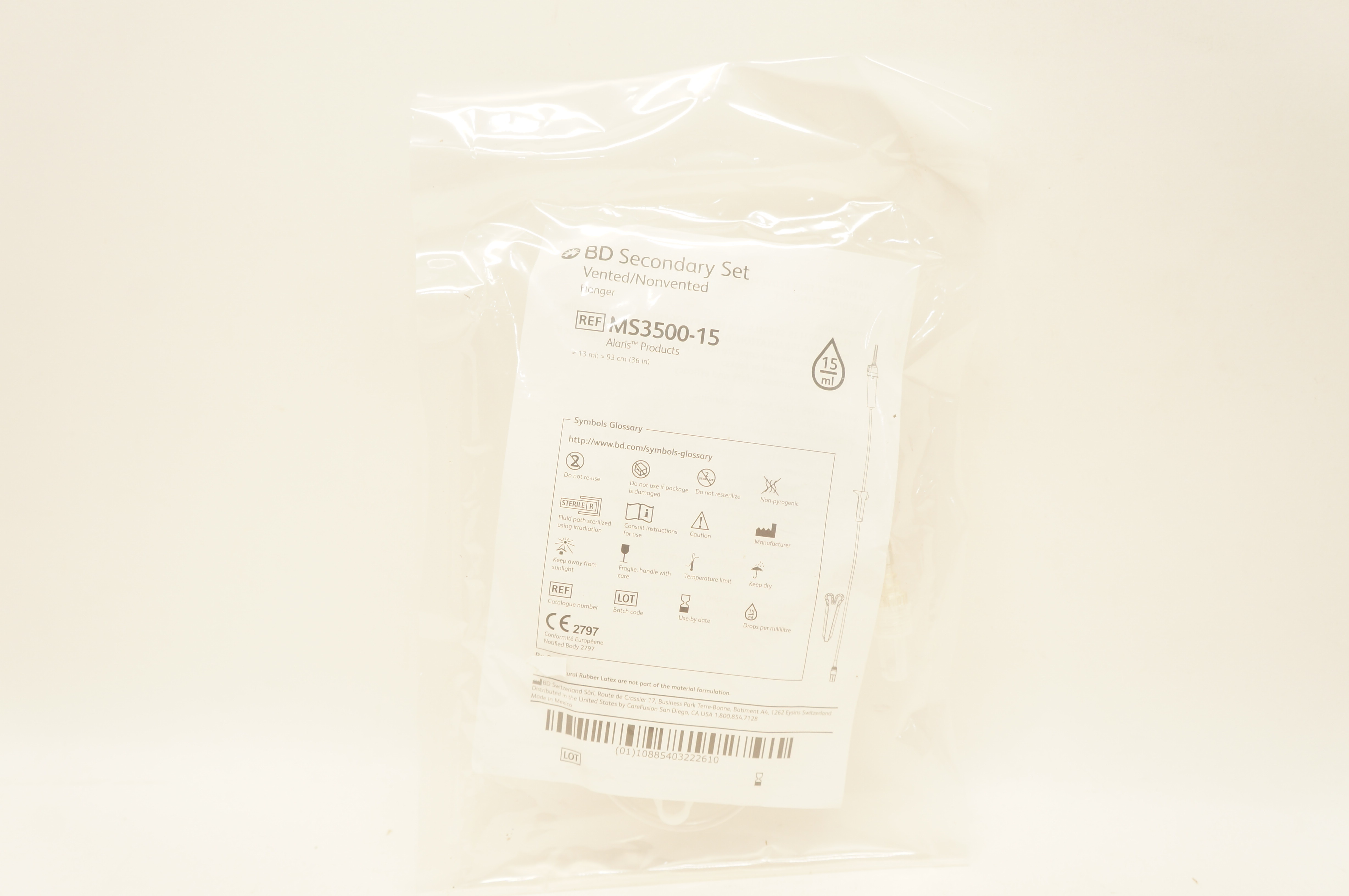 BD MS3500-15 Alaris Secondary Set Vented/Nonvented Hanger 13ml x 36 inch