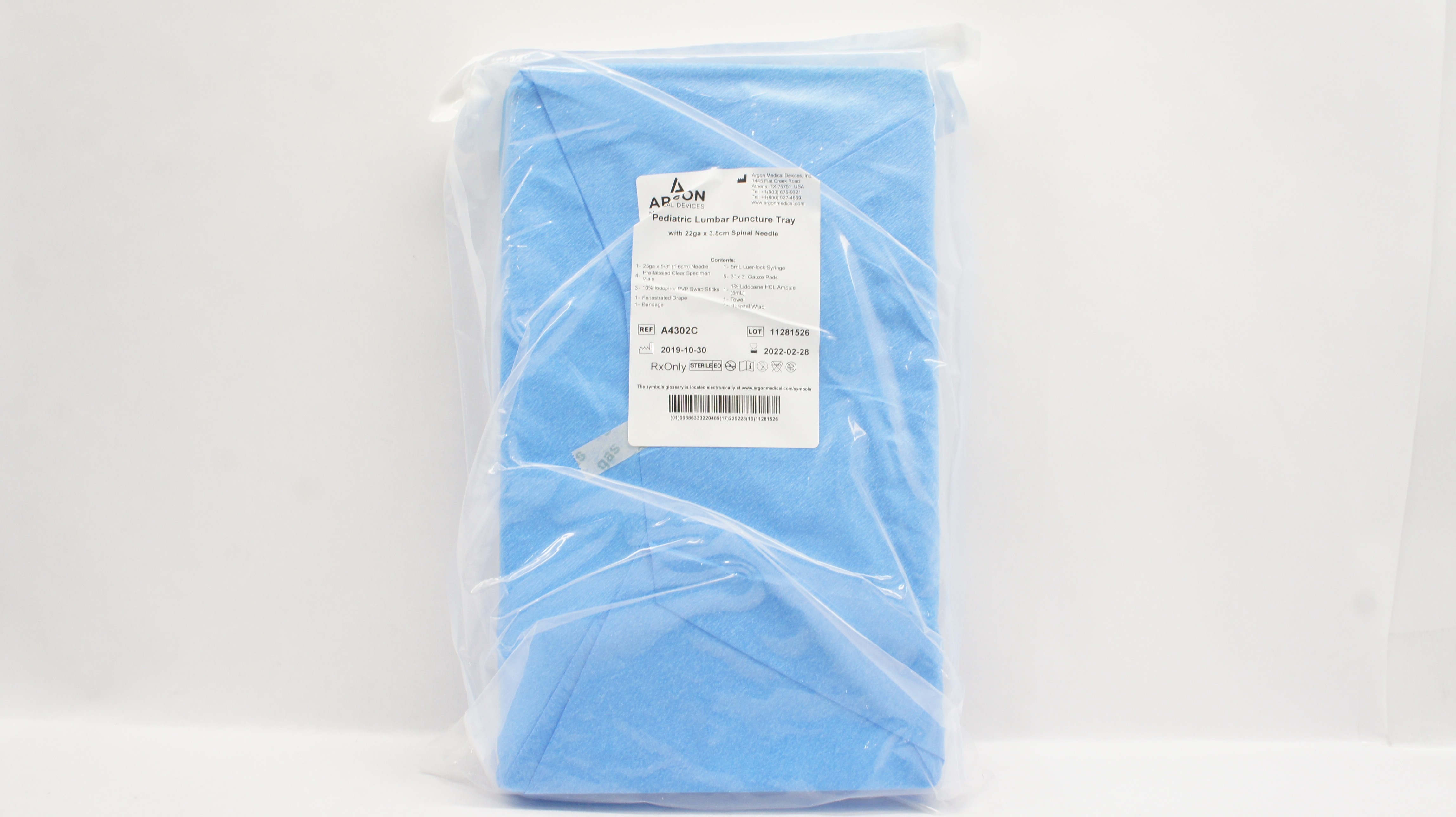 Argon A4302C Pediatric Lumbar Puncture Tray With 22 Ga x 38 cm Spinal Ndle. (x)