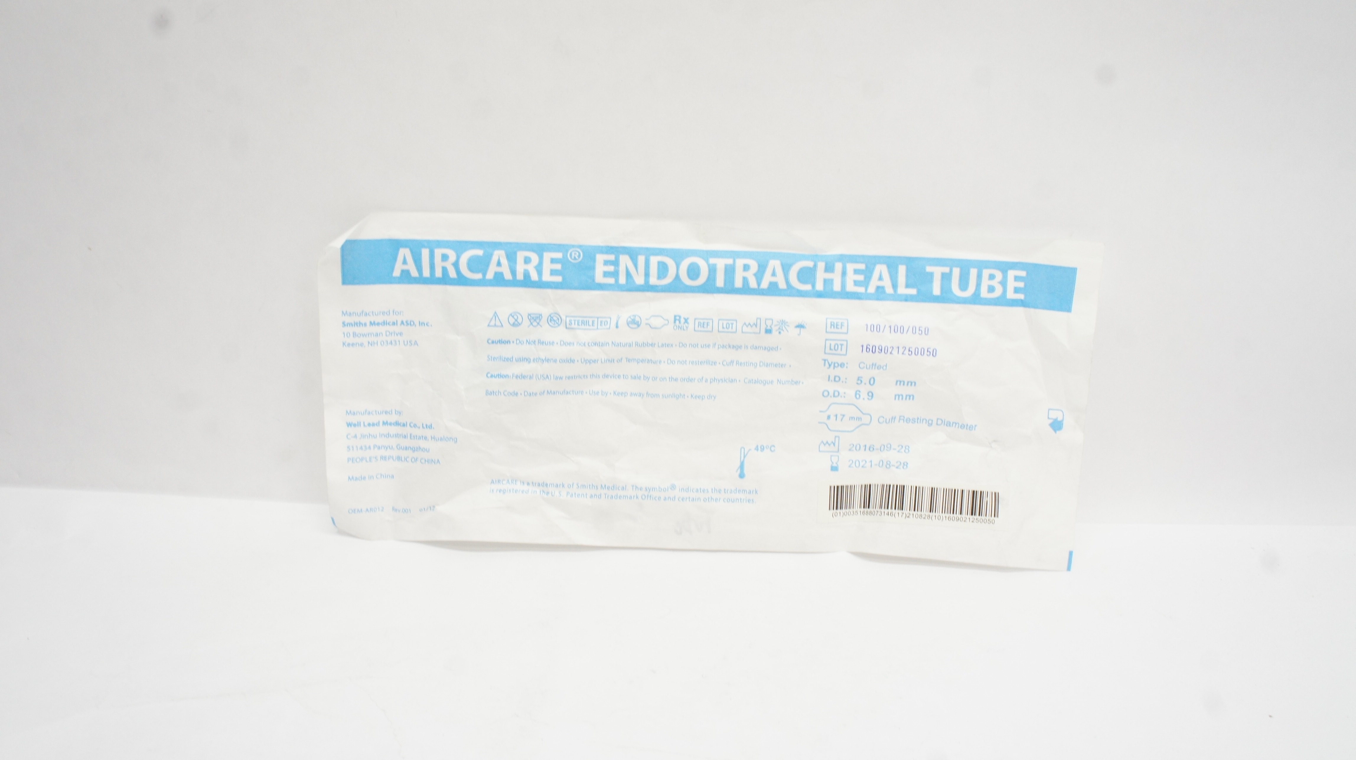 Smiths Medical 100/100/050 AirCare Endotracheal Tube 5.0mm ID x 6.9mm OD (x)