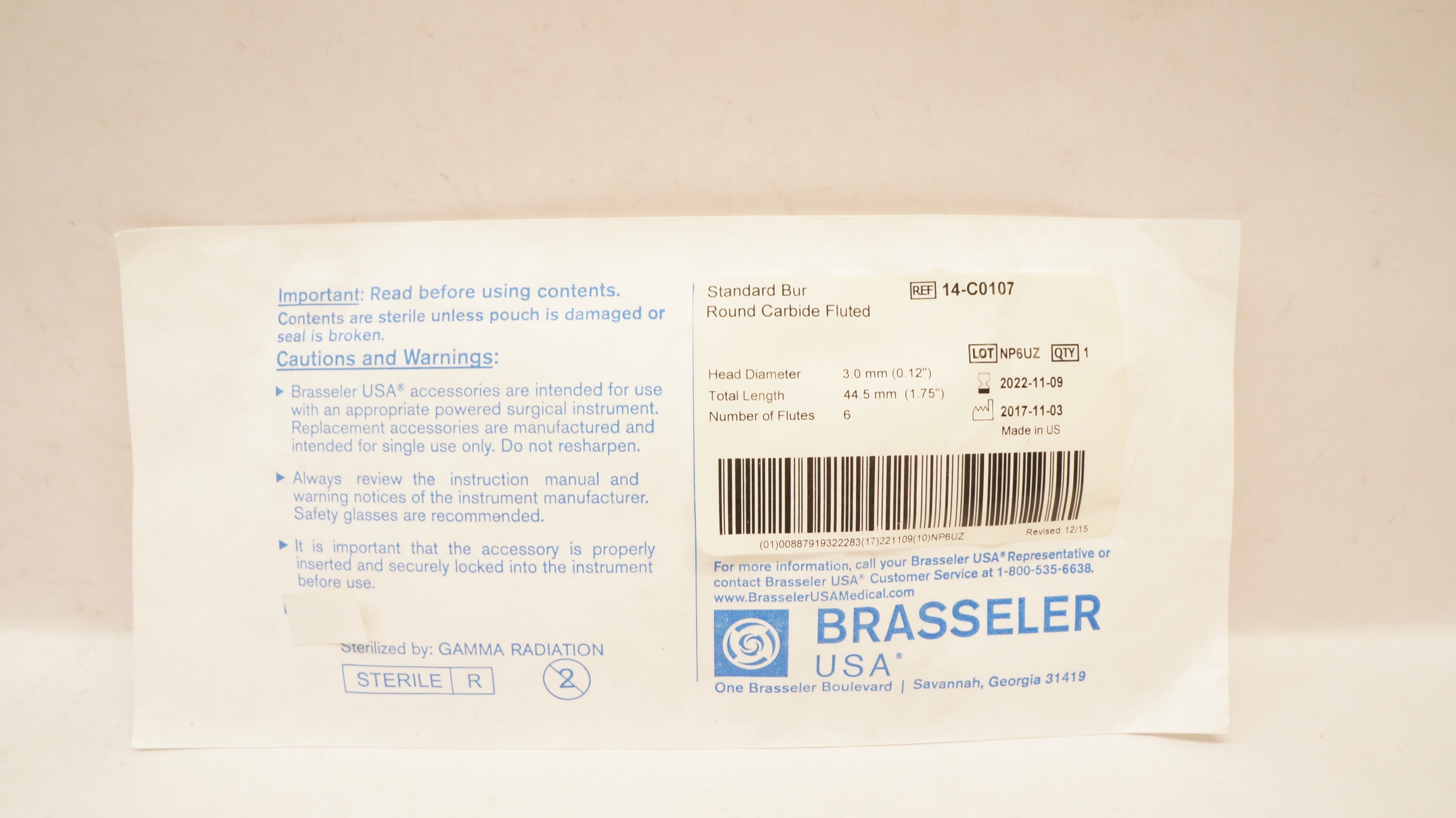 Brasseler 14-C0107 Standard Bur Round Carbide Fluted 0.12inch x 1.75inch