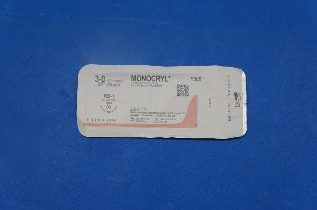 Ethicon Y305 3-0 MONOCRYL, RB-1 17mm 1/2c Taper, Violet Monofilament, 27