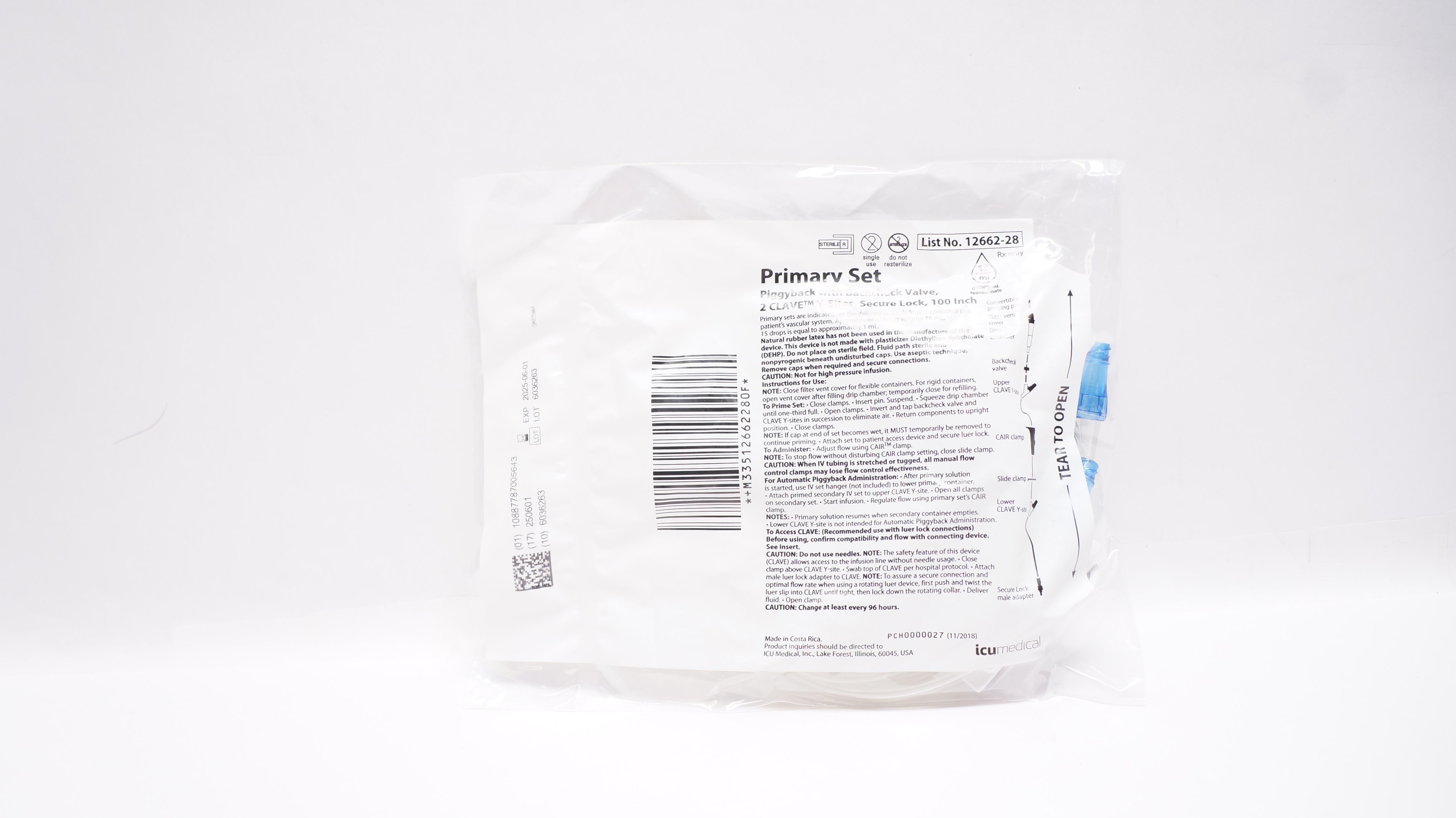 ICU Medical 12662-28 Primary Set Piggyback w/Backcheck Valve 100inch 15Drops/mL