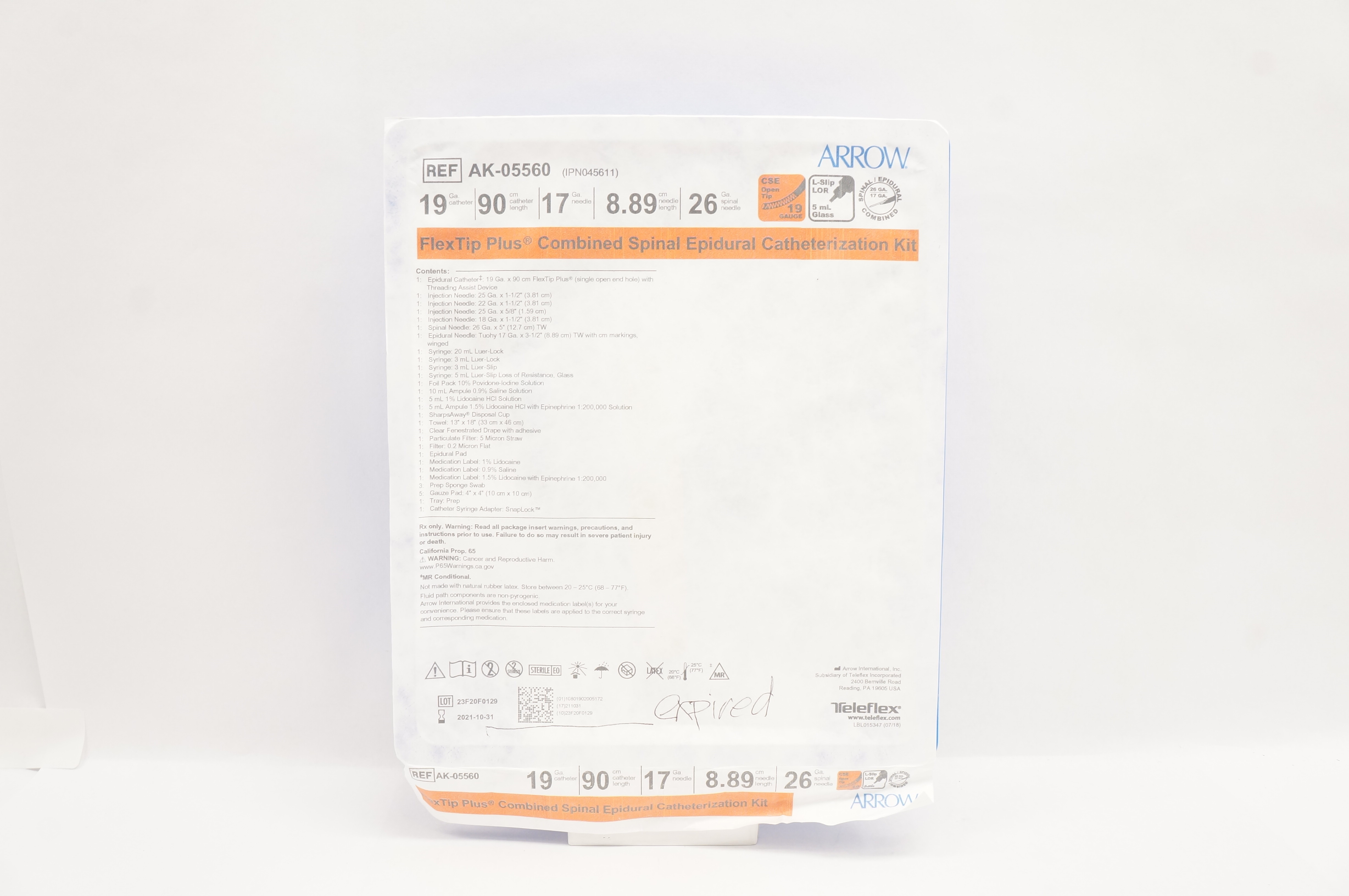 Arrow AK-05560 FlexTip Plus Combined Spinal Epidural Catheterization Kit 19G (x)