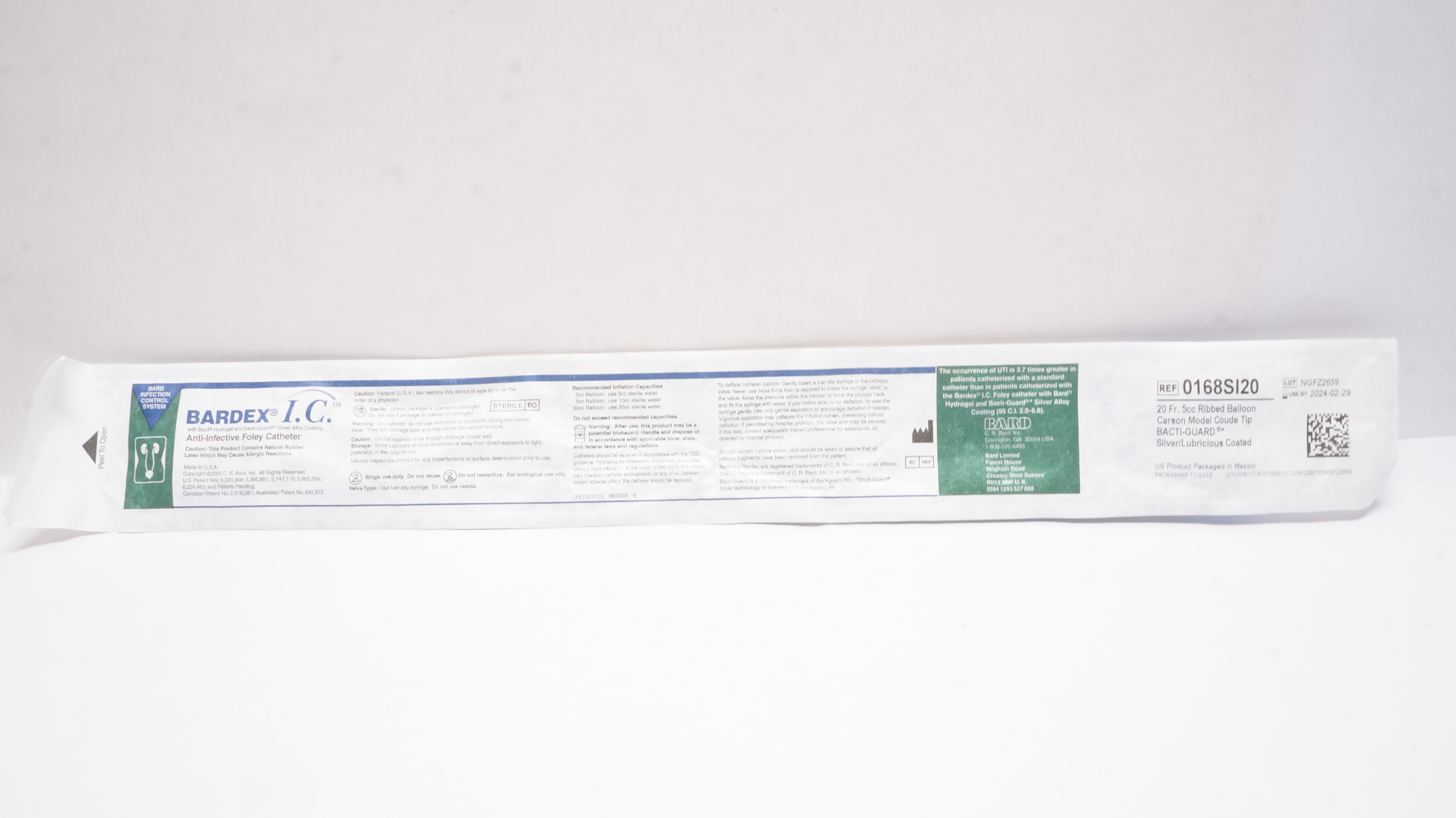 Bard 0168SI20 Bardex I.C. Anti-Infective Foley Cath. 20Fr 5cc Ribbed Balloon