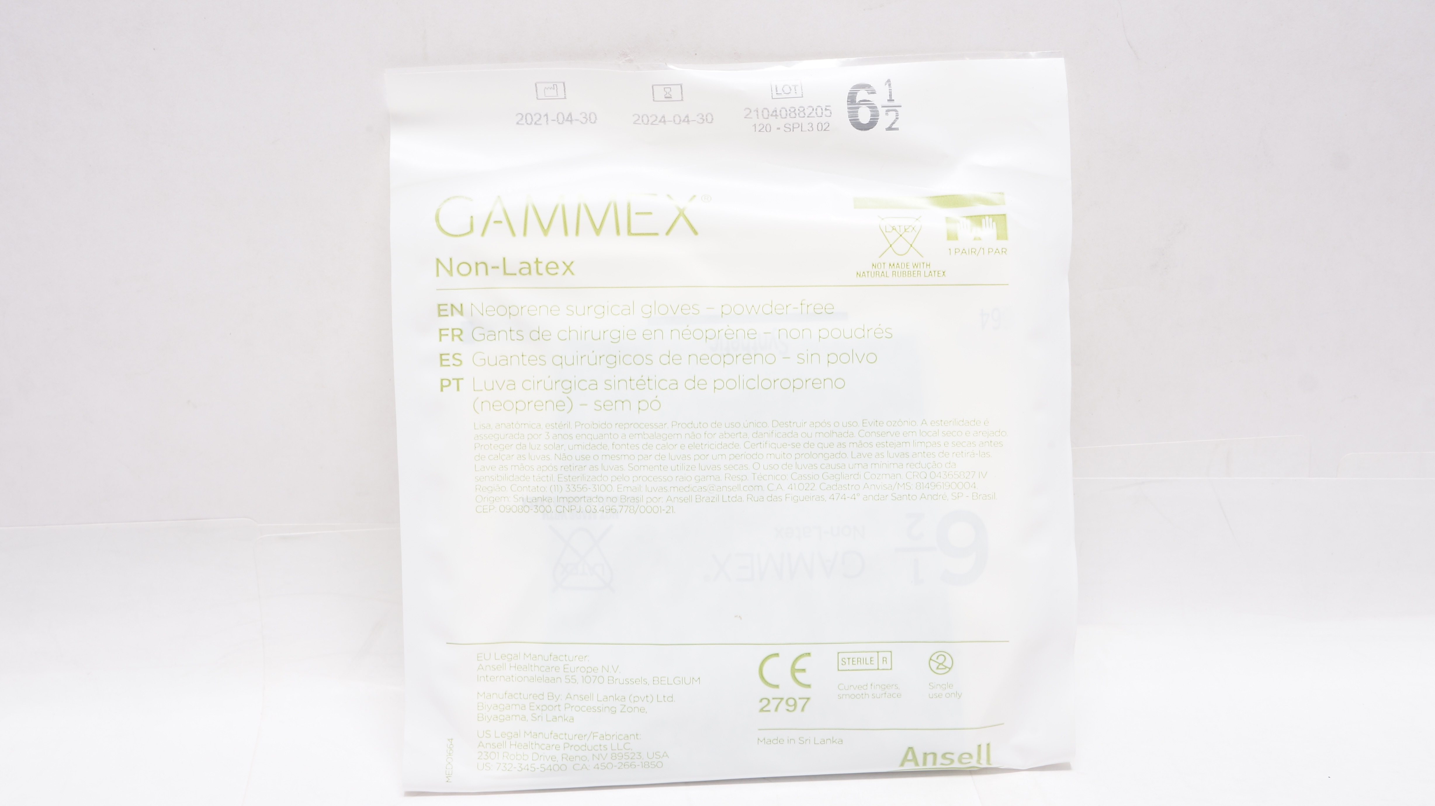 Ansell 8513 GAMMEX Non-Latex Neoprene Surgical Gloves Powder-Free, Size 6-1/2