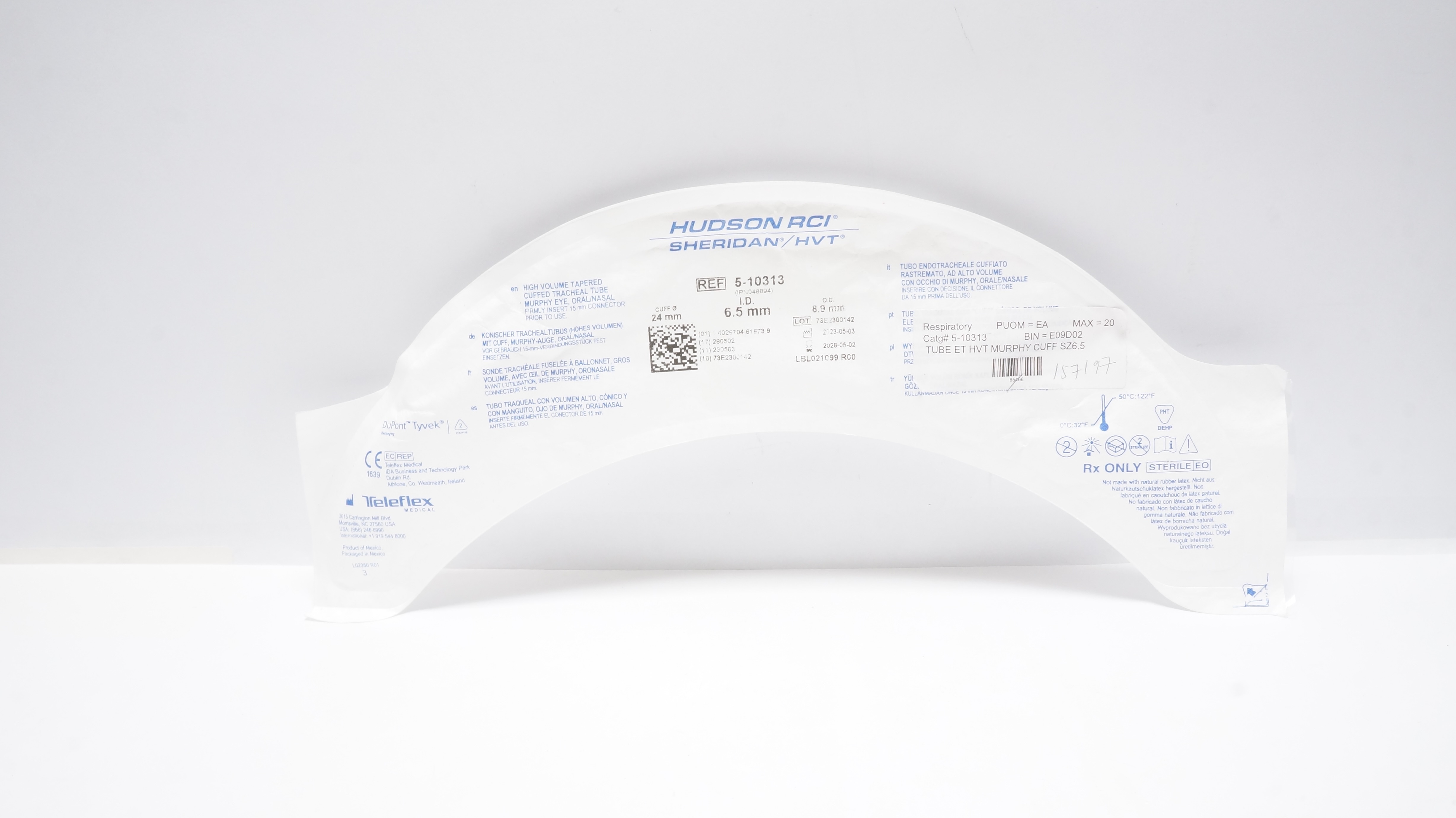 Teleflex 5-10313 Hudson RCI Sheridan HVT Tracheal Tube 6.5ID x 8.9OD x 24mm