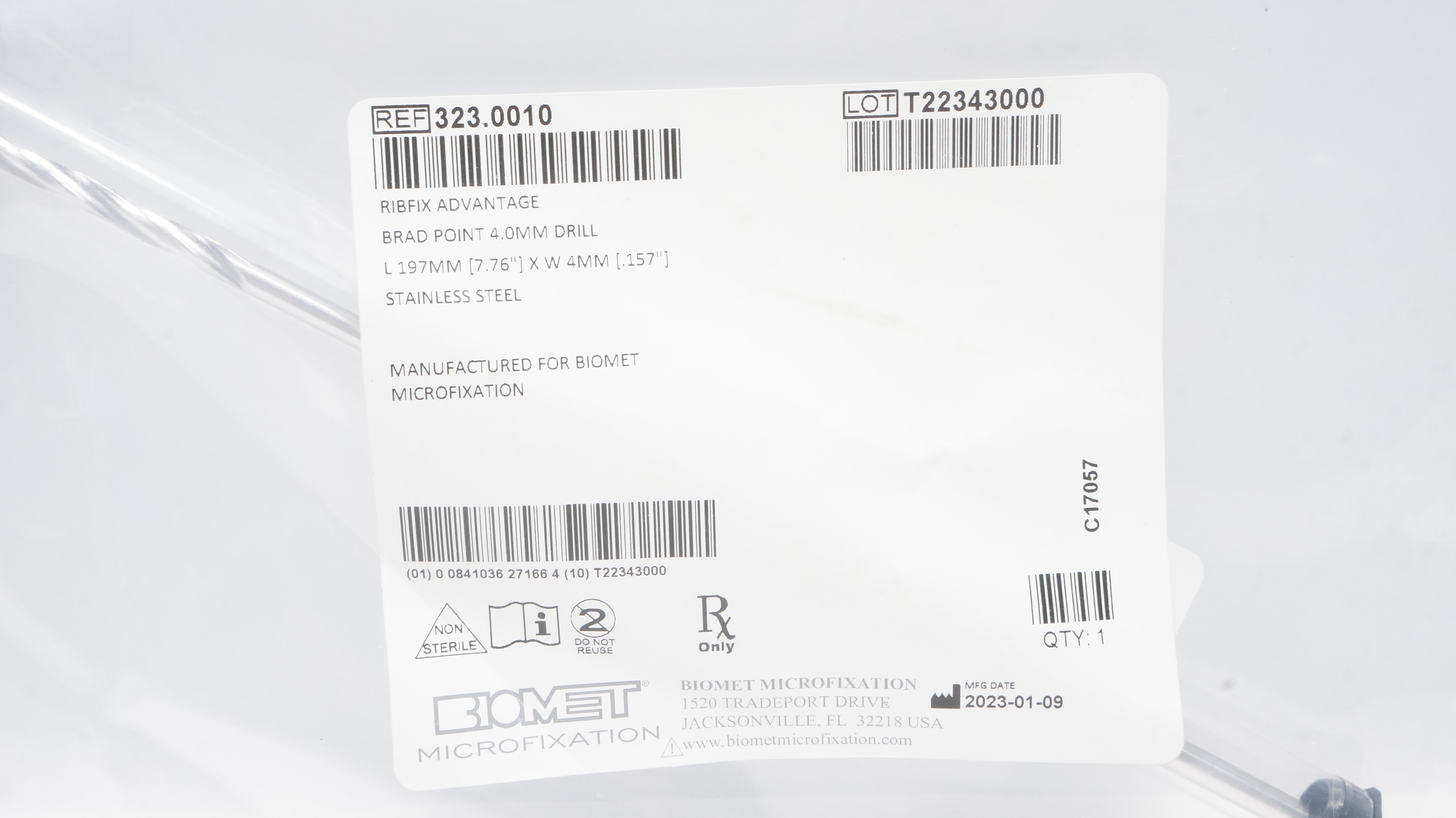 Biomet 323.0010 Ribfix Advantage Brad Point Drill 4.0mm Drill (x)