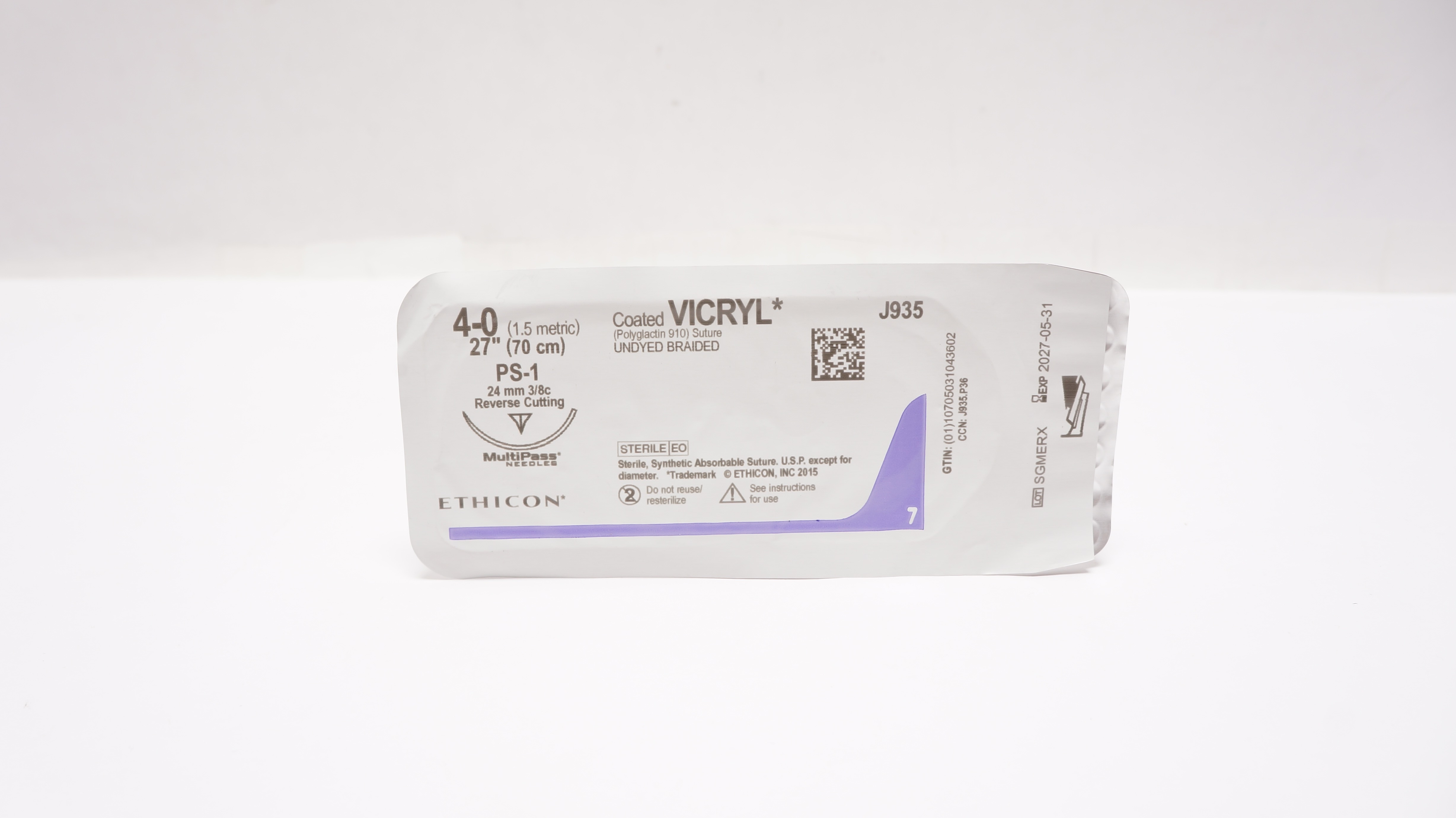 Ethicon J935 4-0 VICRYL, PS-1, 24mm 3/8c Reverse Cutting, 27inch