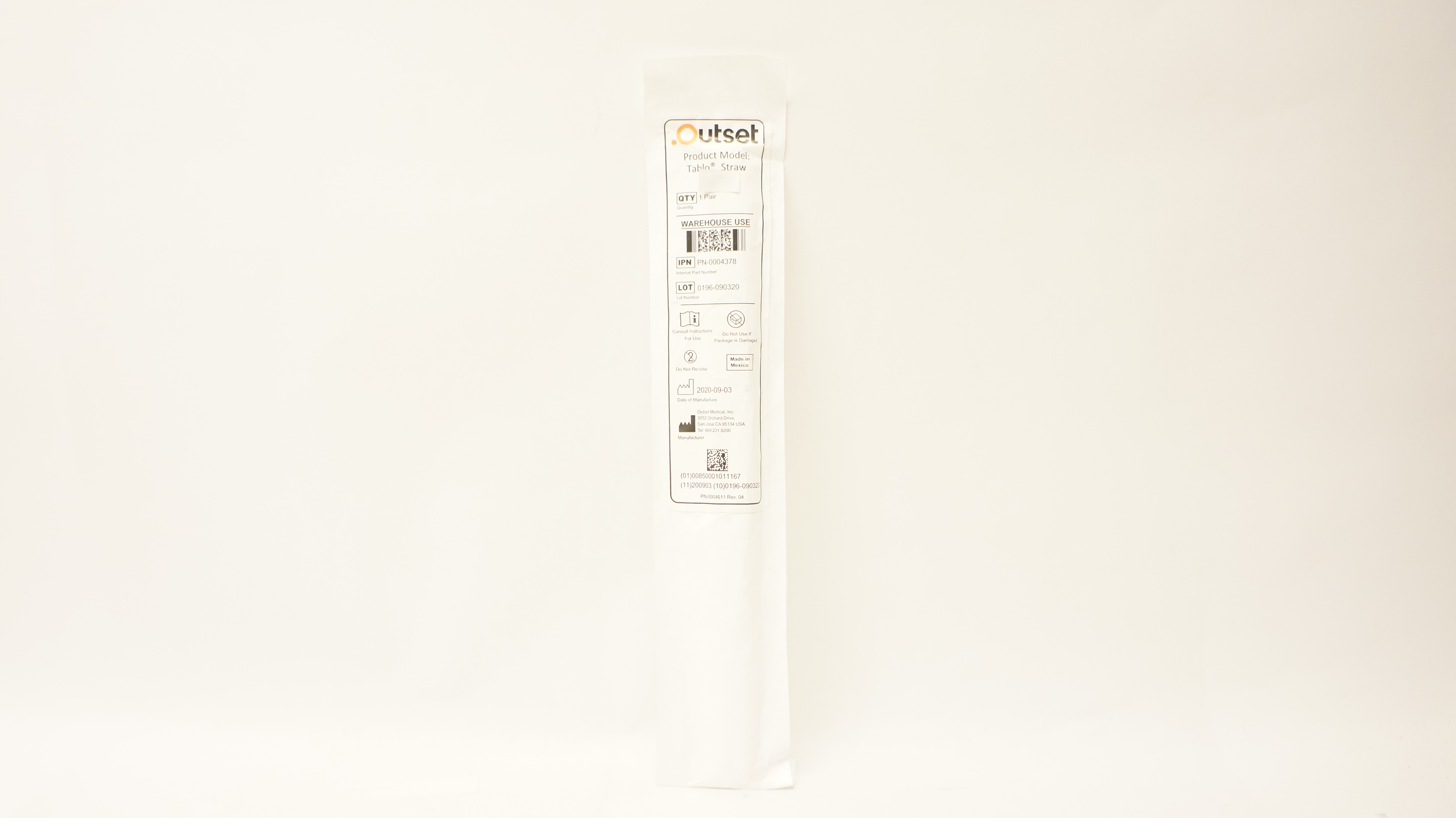 Outset Medical PN-0004378 Product Model: Tablo Straw - 1 Pair