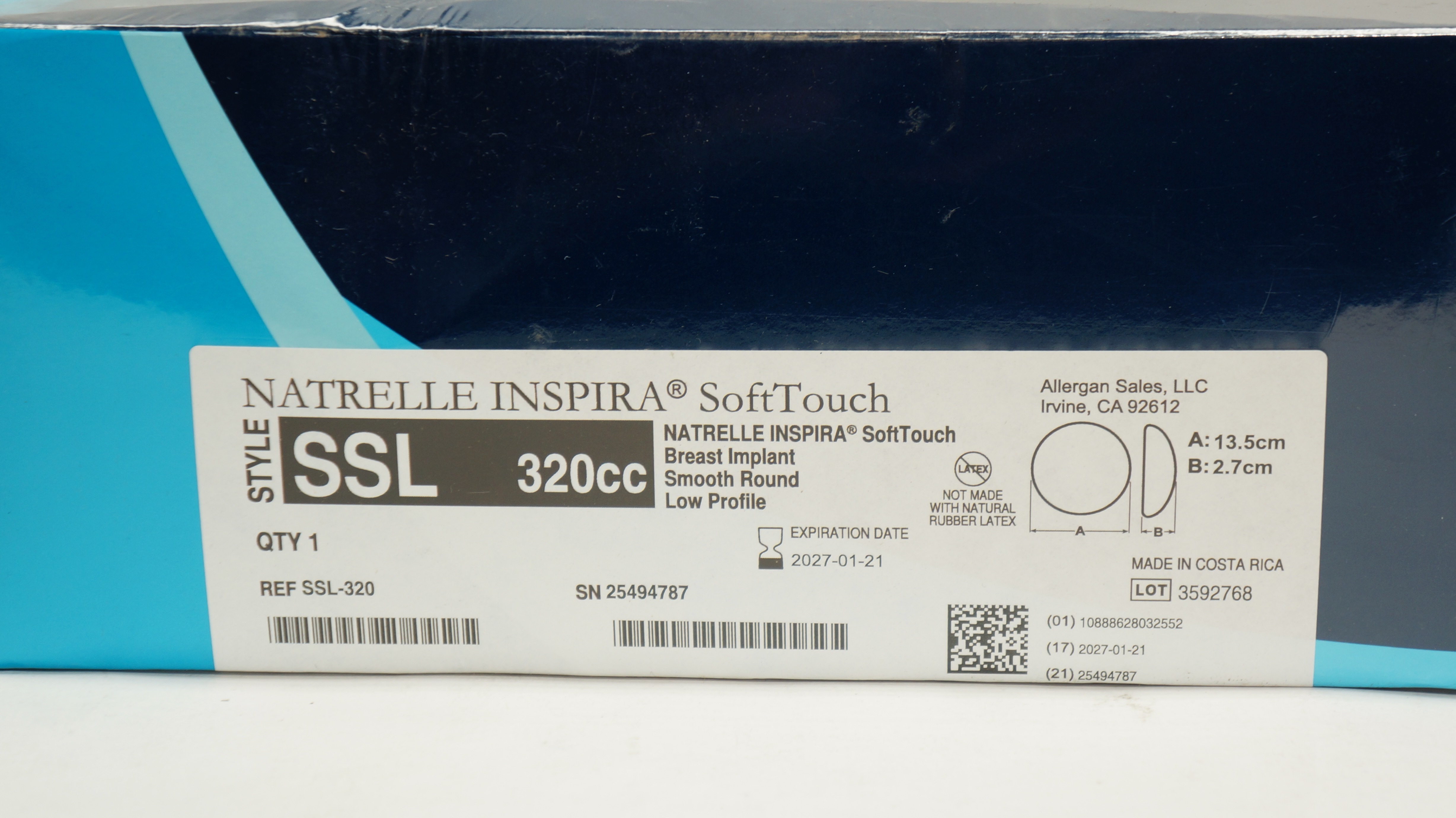 Allergan SSL-320 Natrelle Inspira Soft Touch Breast Implant 13.5cm x 2.7cm