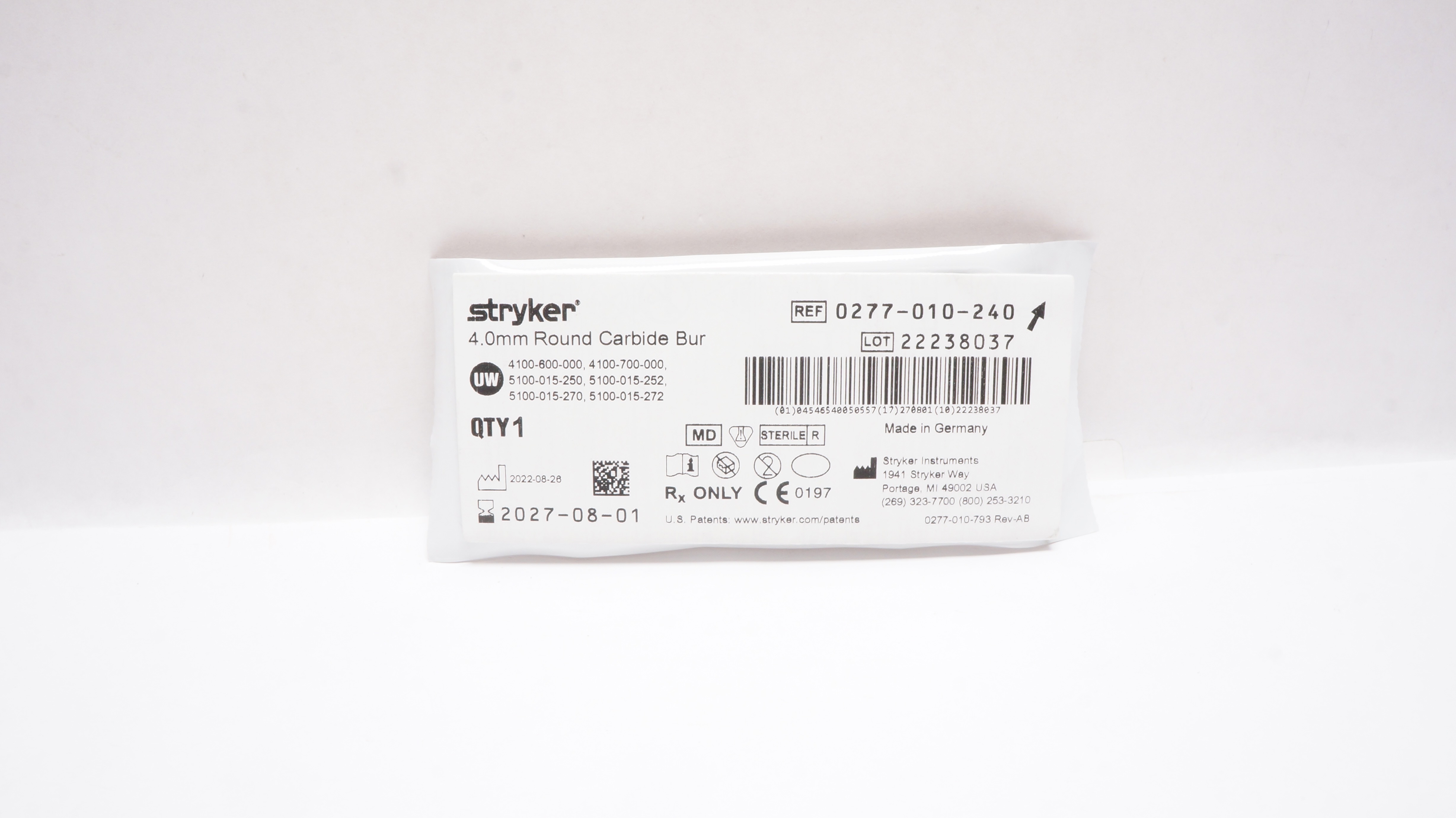 Stryker 0277-010-240 Round Carbide Bur 4.0mm