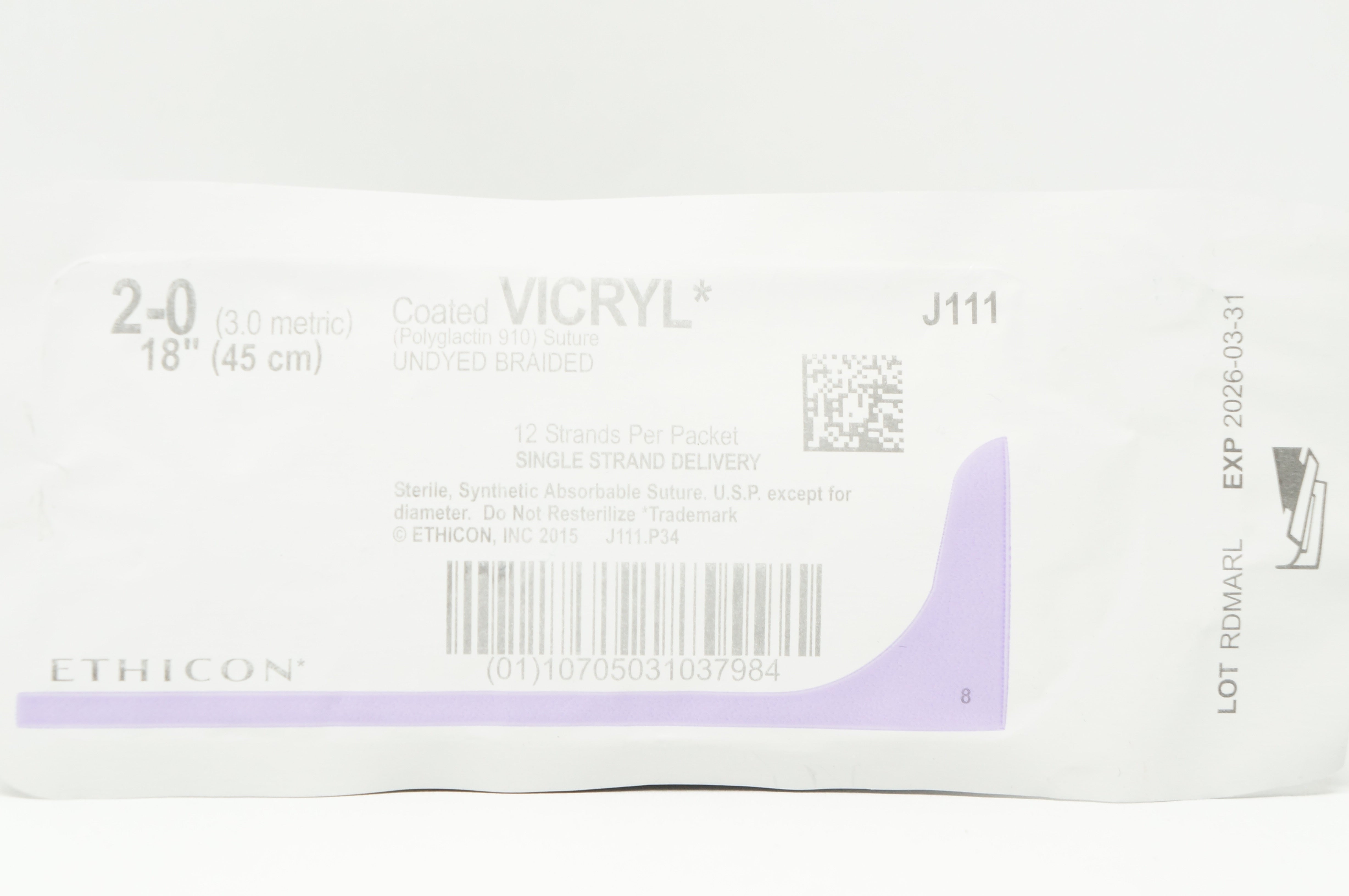 Ethicon J111 2-0 Coated VICRYL, Undyed Braided, 18inch