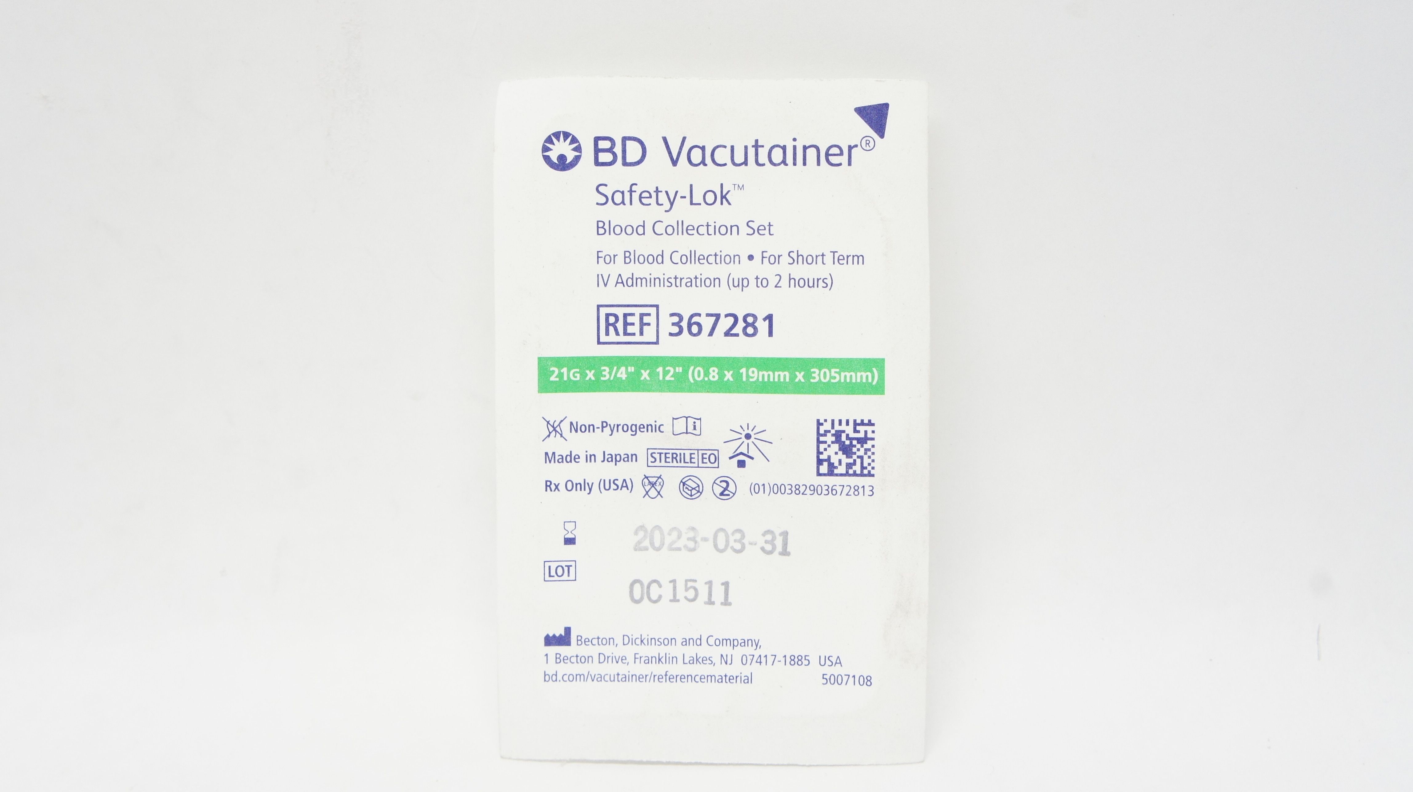 BD 367281 Safety-Lok Blood Collection Set 21G x 3/4inch x 12inch