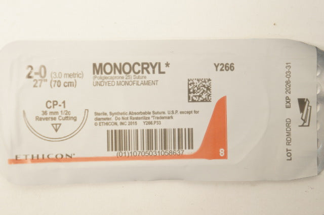 Ethicon Y266 2-0 MONOCRYL CP-1 36mm 1/2c 27inch