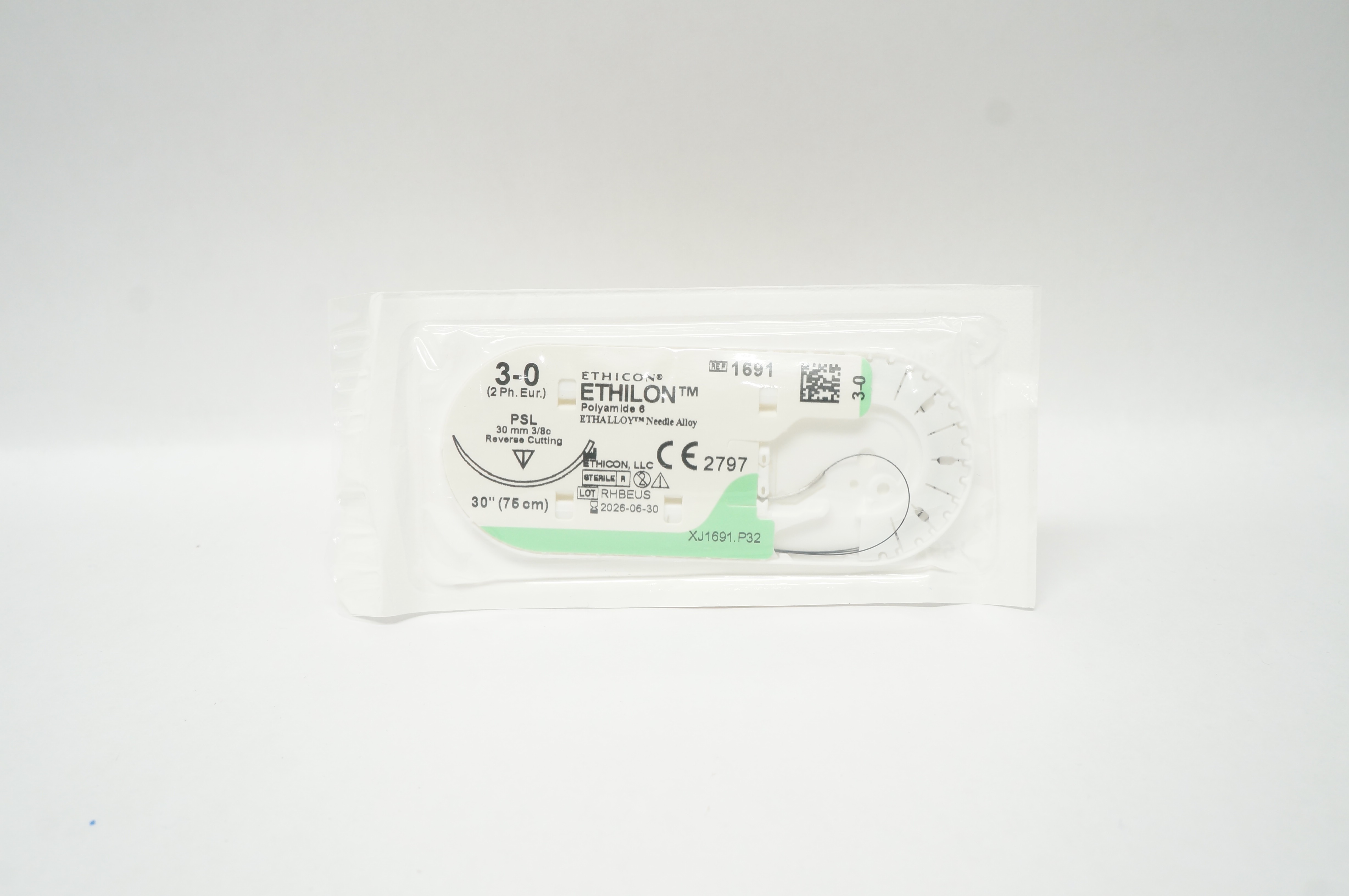Ethicon 1691 3-0 ETHILON PSL 30mm 3/8c Reverse Cutting 30inch