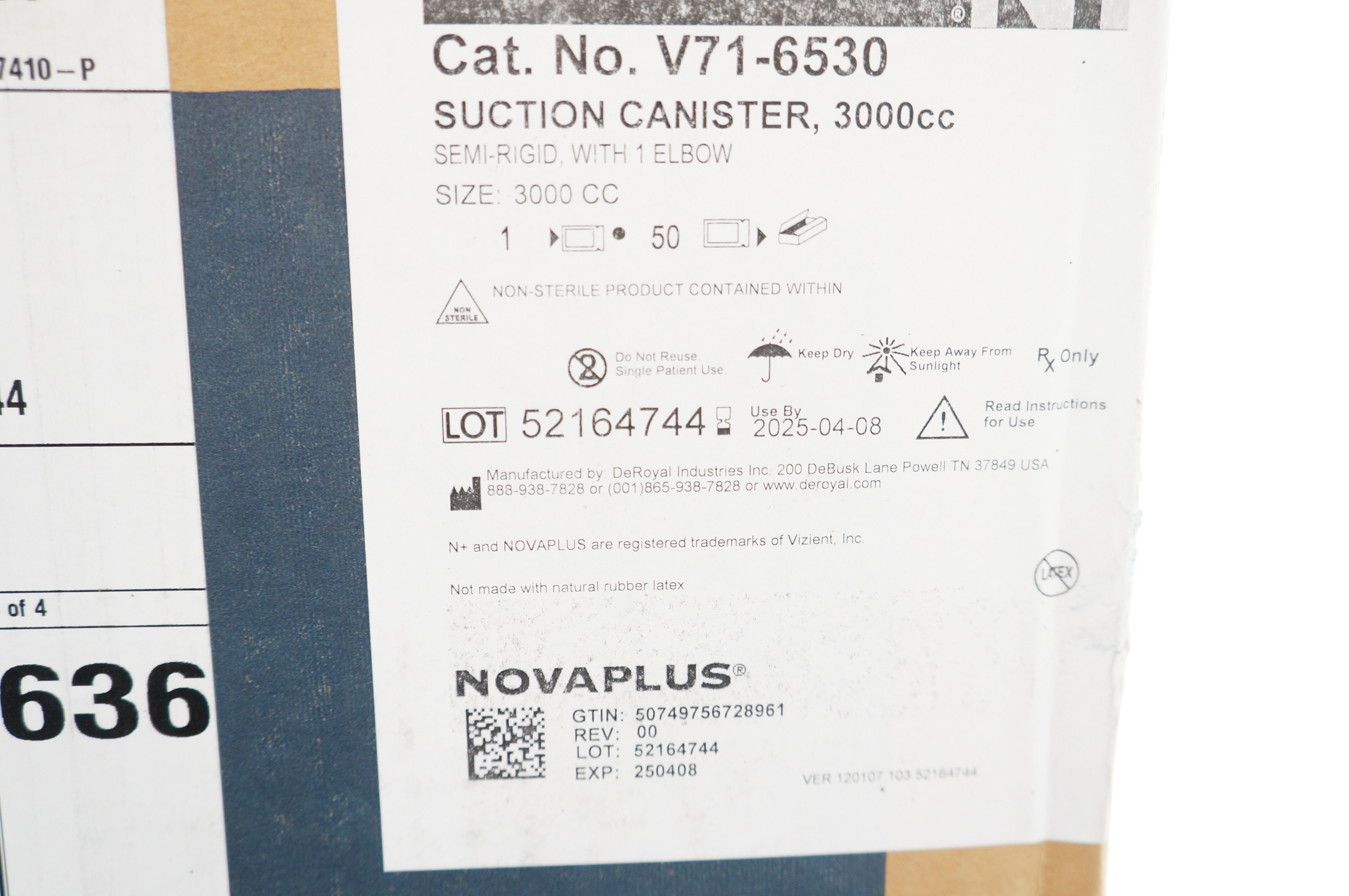 DeRoyal V71-6530 Novaplus Suction Canister 3000cc - Case of 50