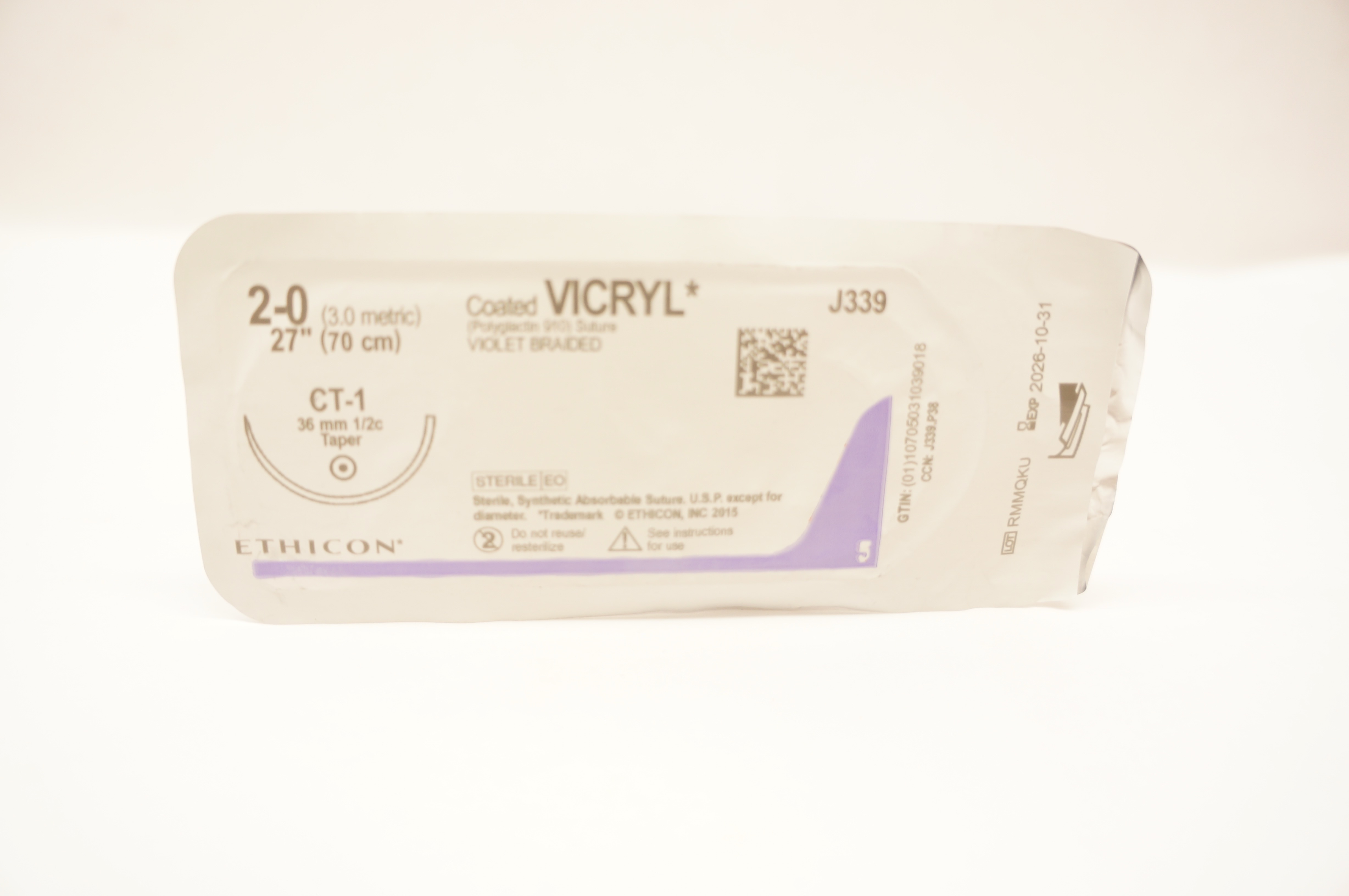 Ethicon J339 2-0 Coated VICRYL CT-1 36mm 1/2c Taper 27inch