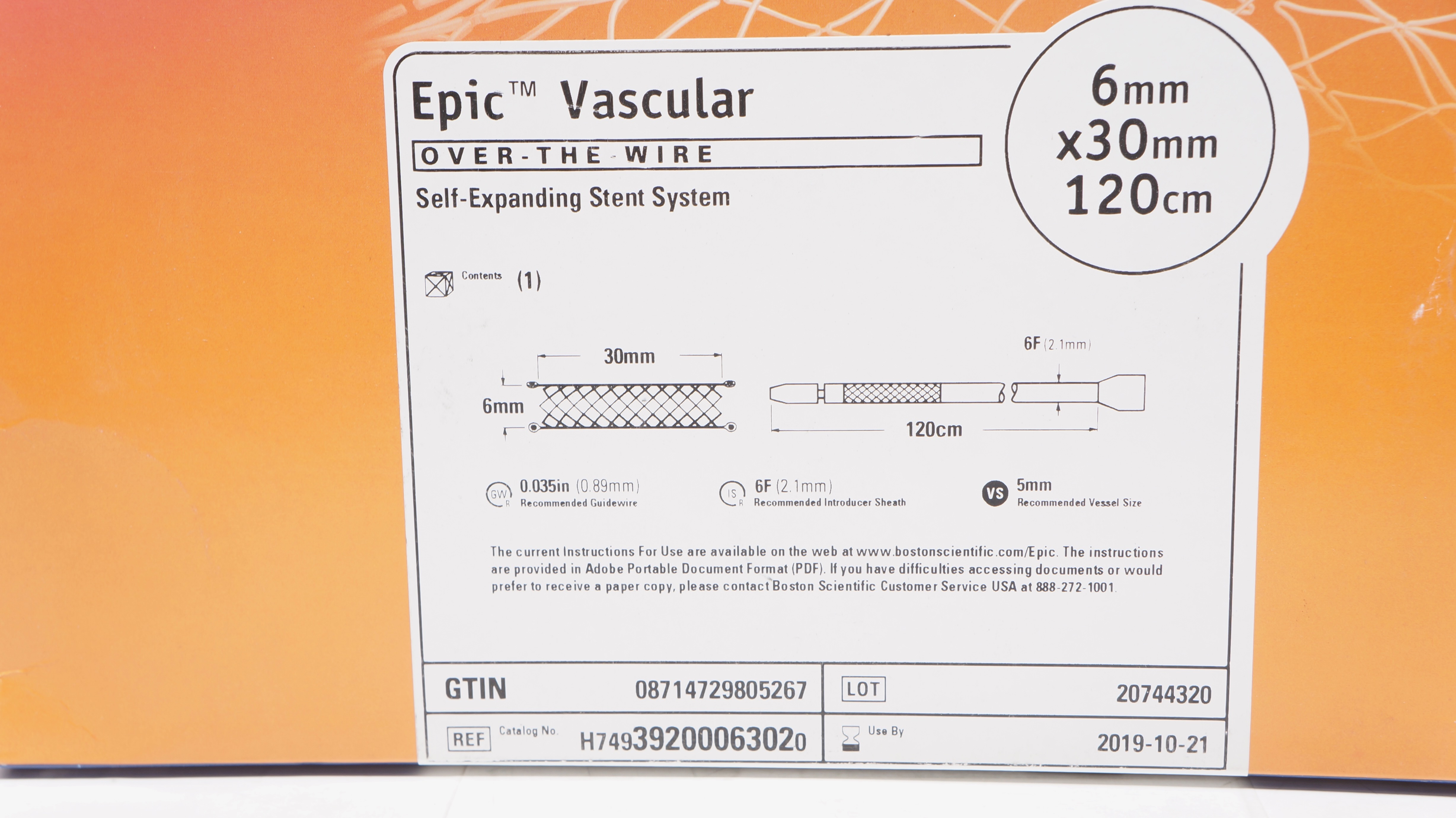 Boston Scientific H74939200063020 Epic Stnt System 6mm x 30mm x 120cm (x)