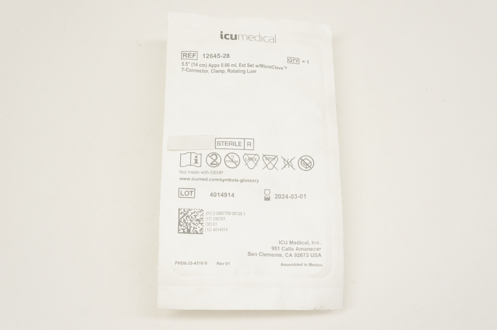 ICU Medical 12645-28 Ext Set w/Micro Clave T-Connector, Rotating Luer, 5.5inch