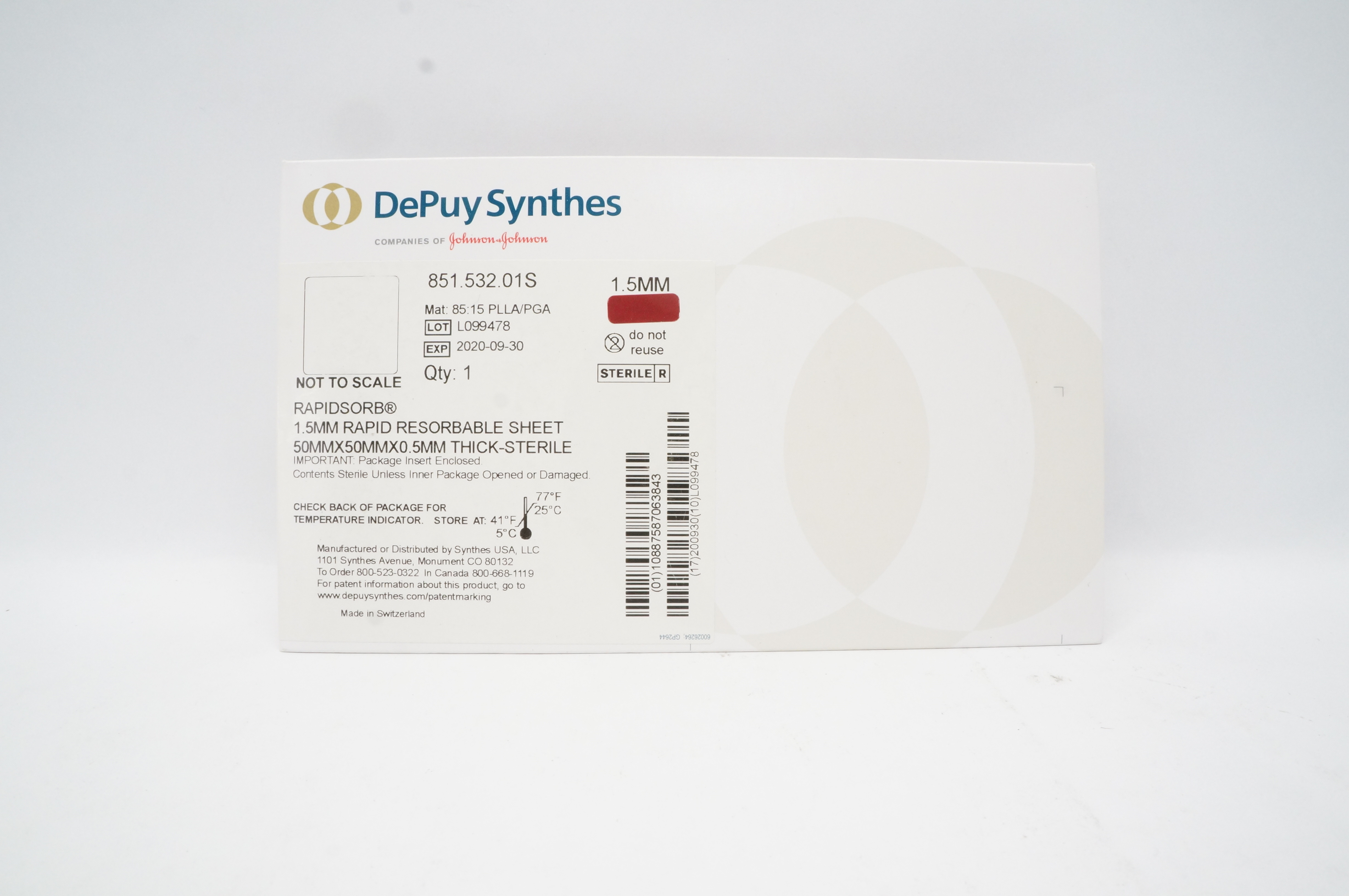 DePuy Synthes 851.532.01S 1.5mm Rapid Resorbable Sheet, 50 x 50 x 0.5mm (x)