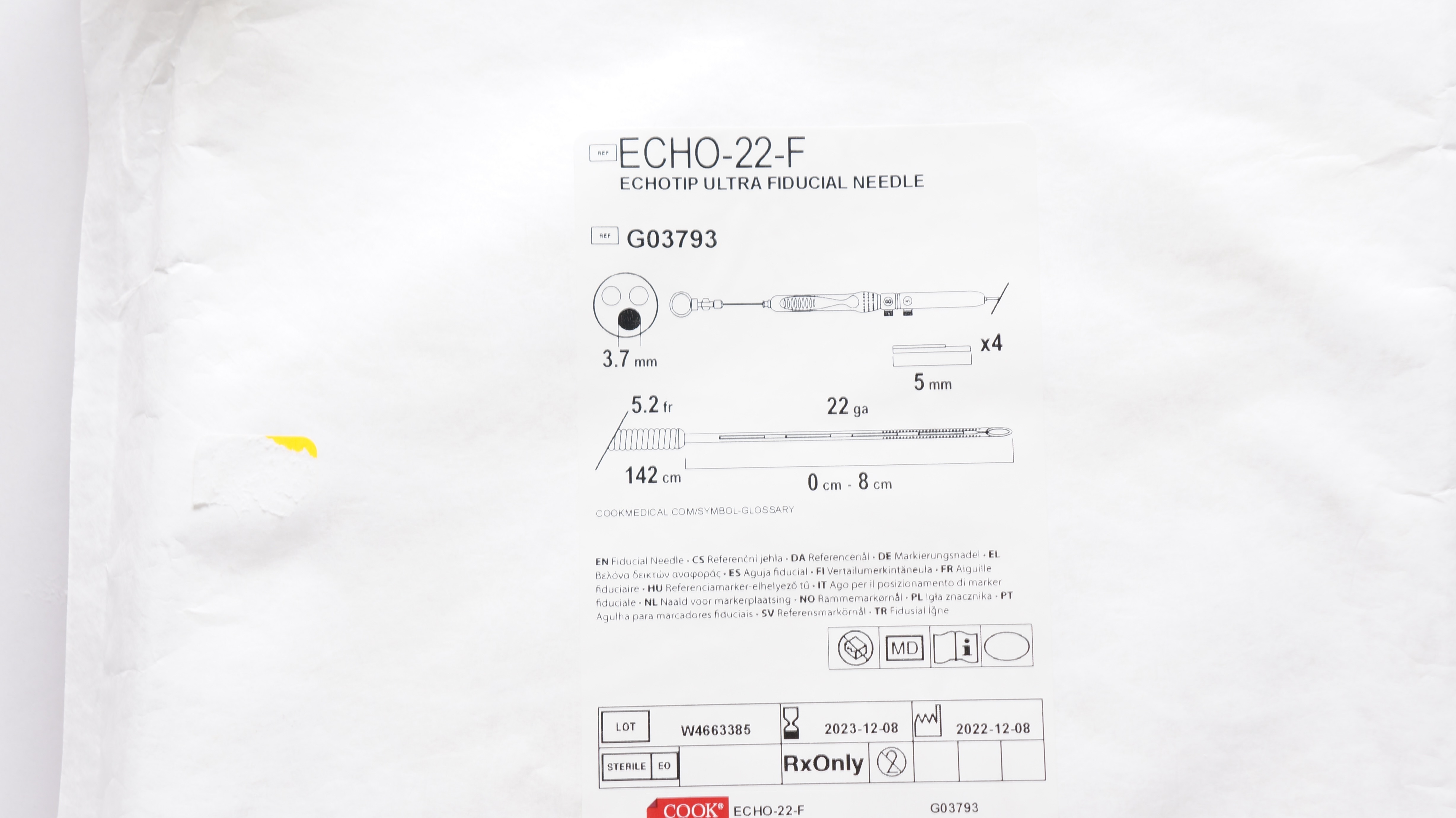 Cook G03793 Echotip Ultra Fiducial Ndle 22Ga  x 142cm