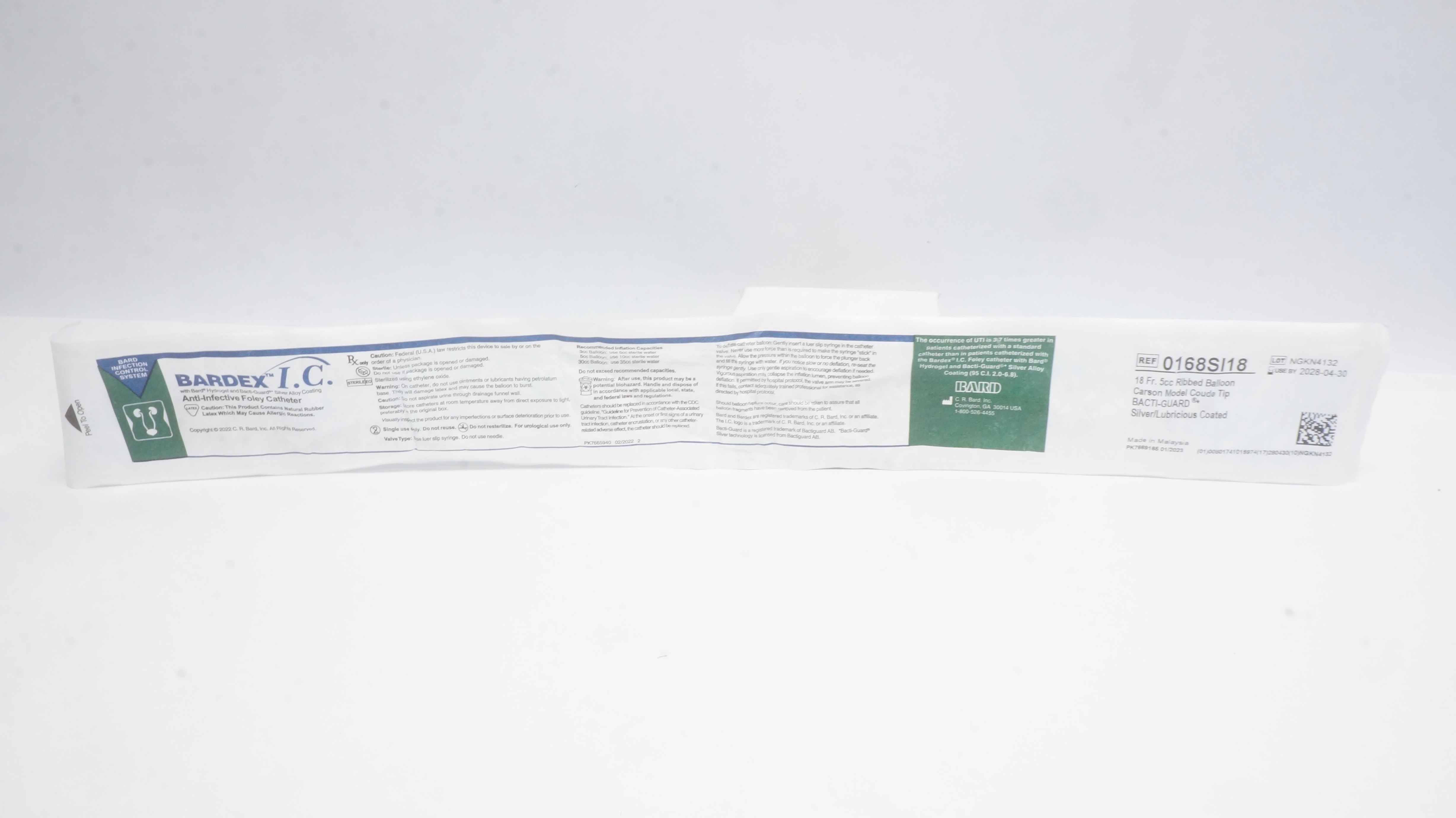 Bard 0168SI18 Bardex I.C. Anti-Infective Foley Cath. 18Fr, 5cc Ribbed Balloon