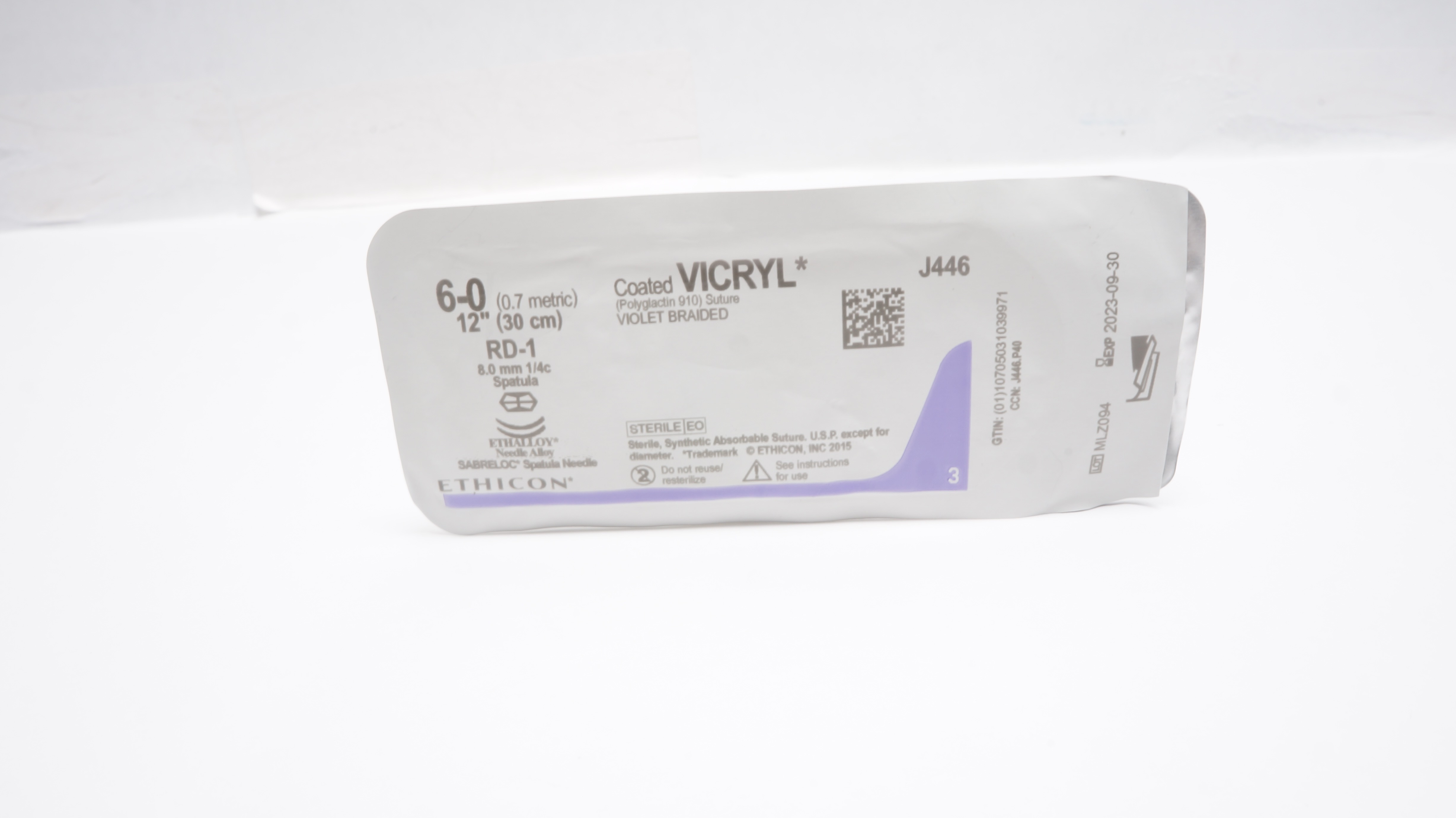 Ethicon J446 6-0 Coated VICRYL Stre Violet Braided RD-1 8.0mm1/4c Spatula12In(x)