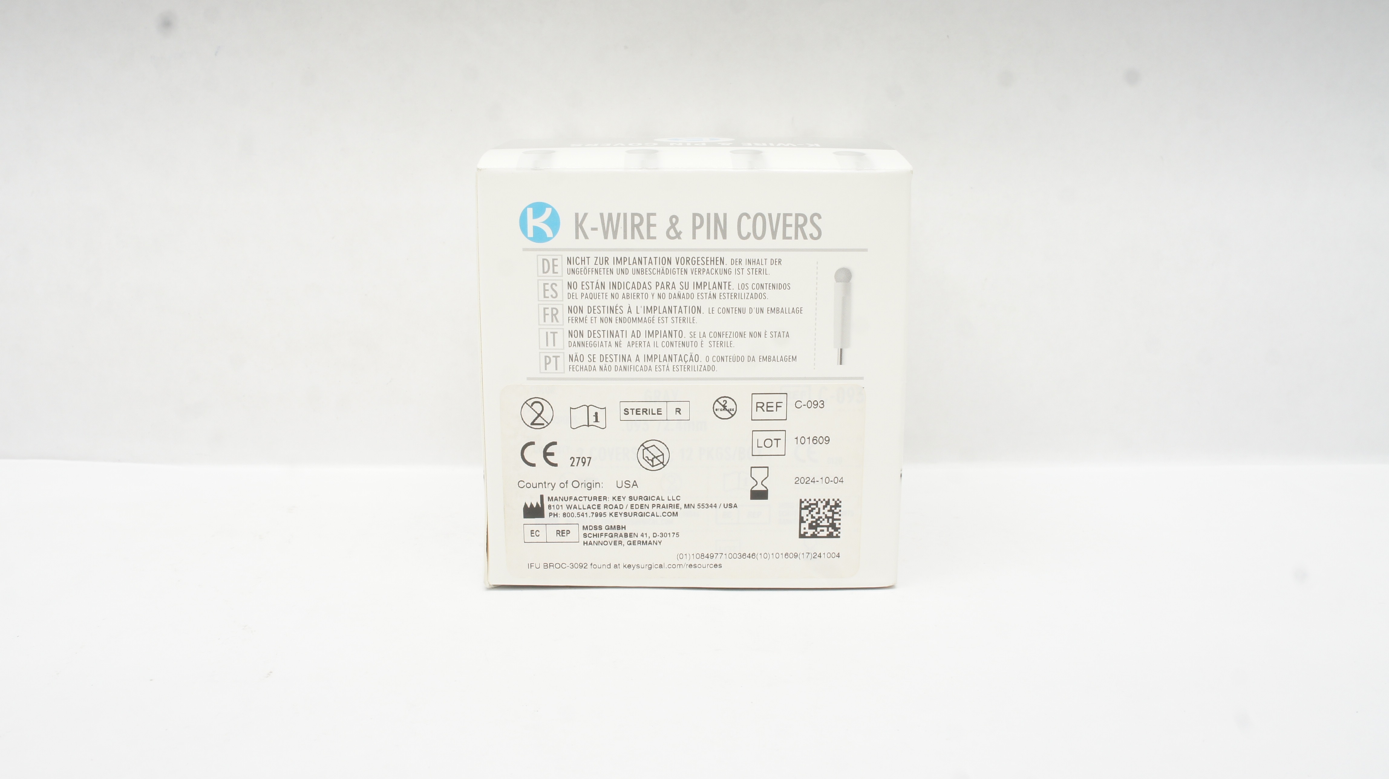 Key Surgical C-093 K-Wire & Pin Cover, Gray, .093inch/2.4mm - Box of 12