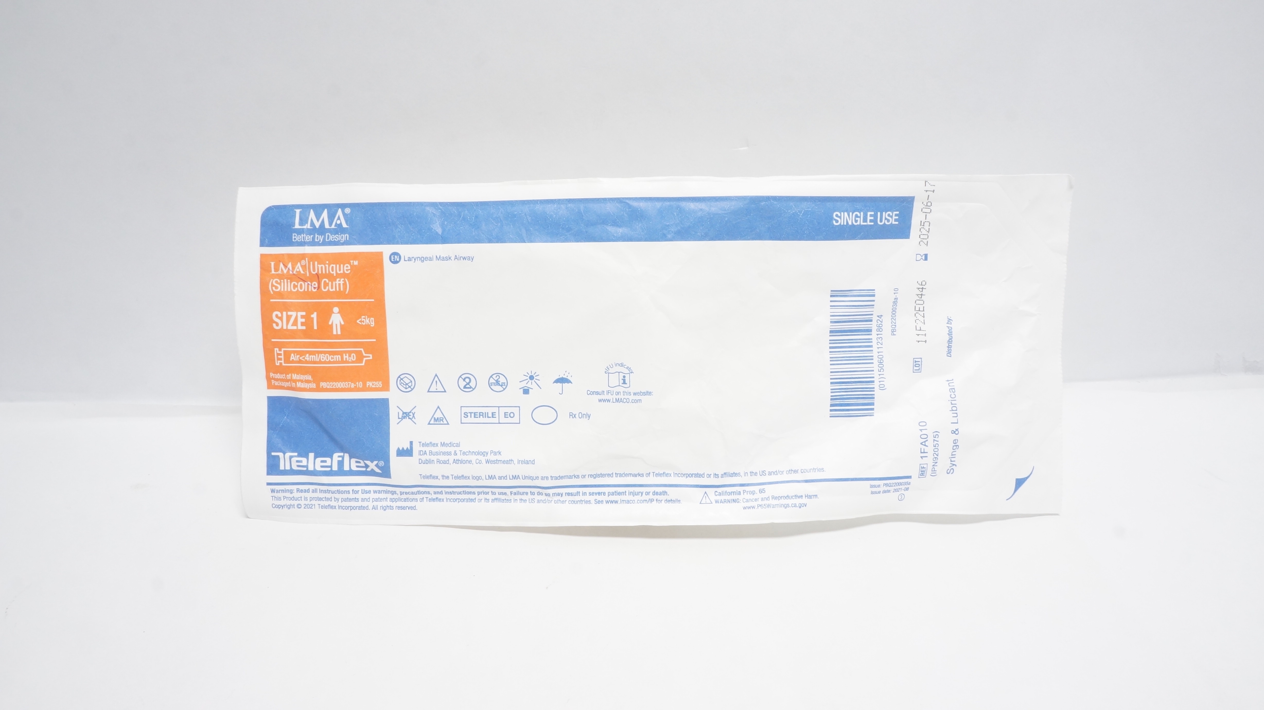 Teleflex 1FA010 LMA Unique Laryngeal Mask Airway, Size 1 <5kg Air<4ml/60cm H2O(x)