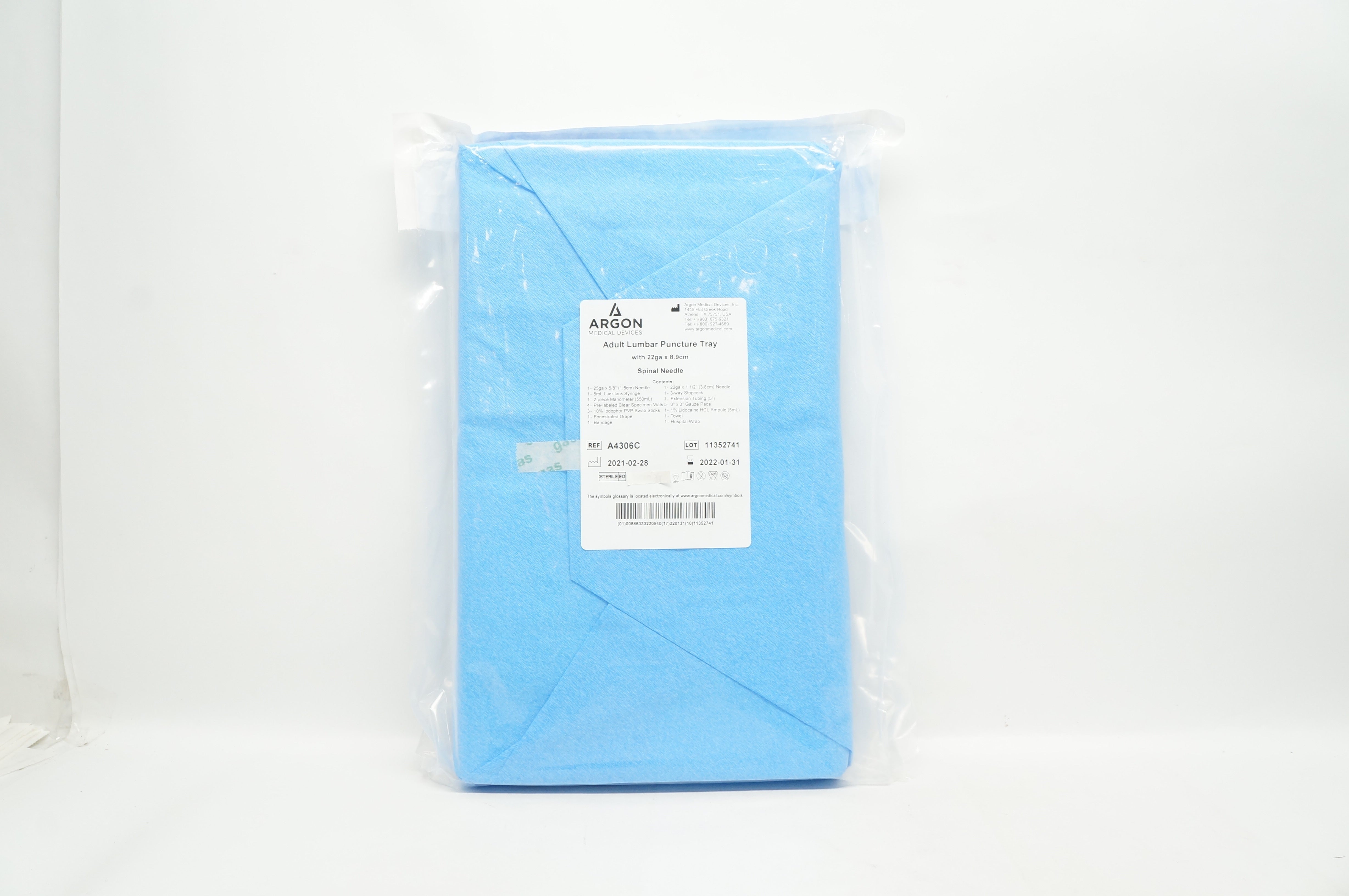 Argon Medical Devices A4306C Adult Lumbar Puncture Tray, 22Ga