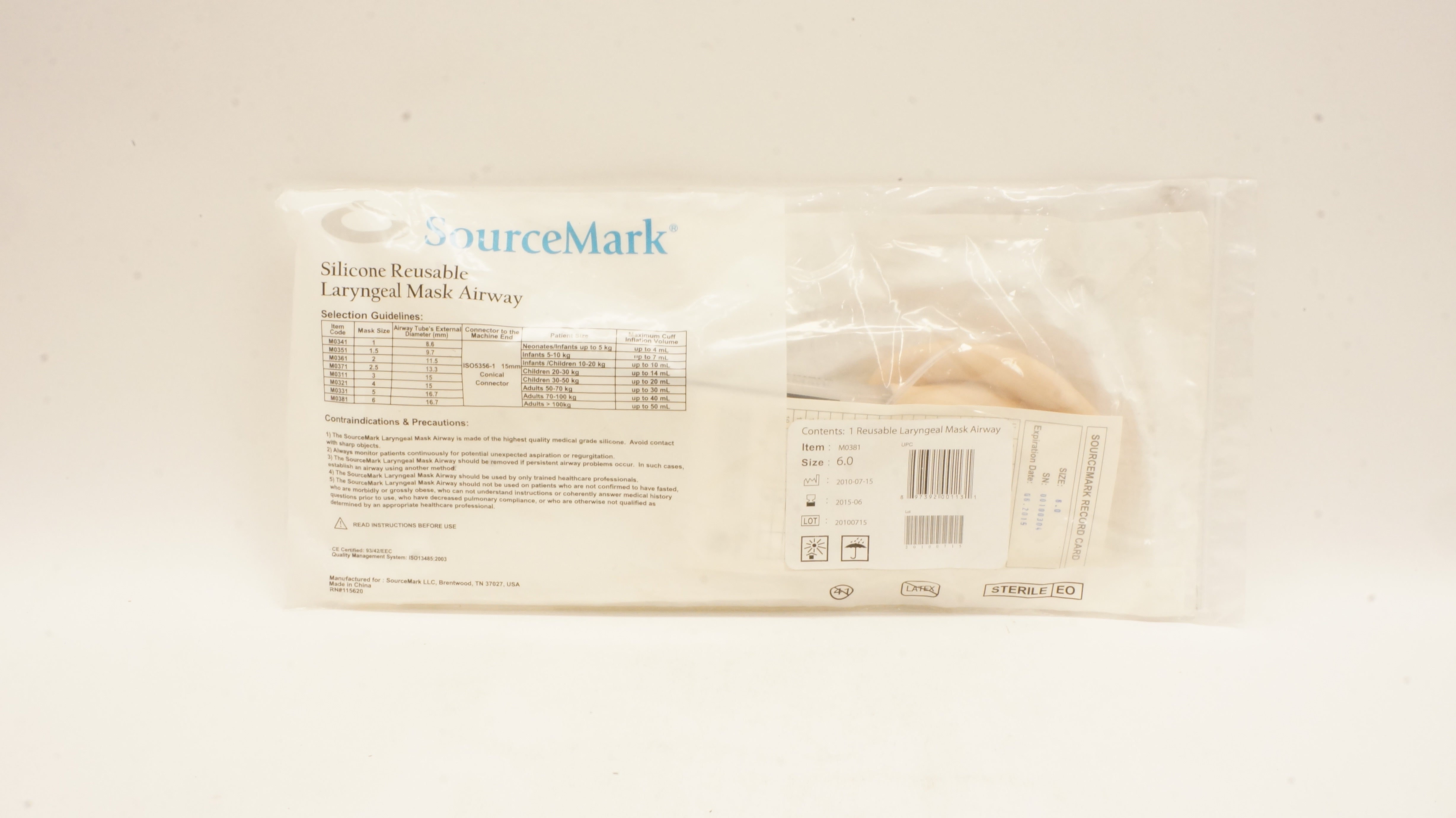 SourceMark M0381 Silicone Reusable Laryngeal Mask Airway 6.0 (x)