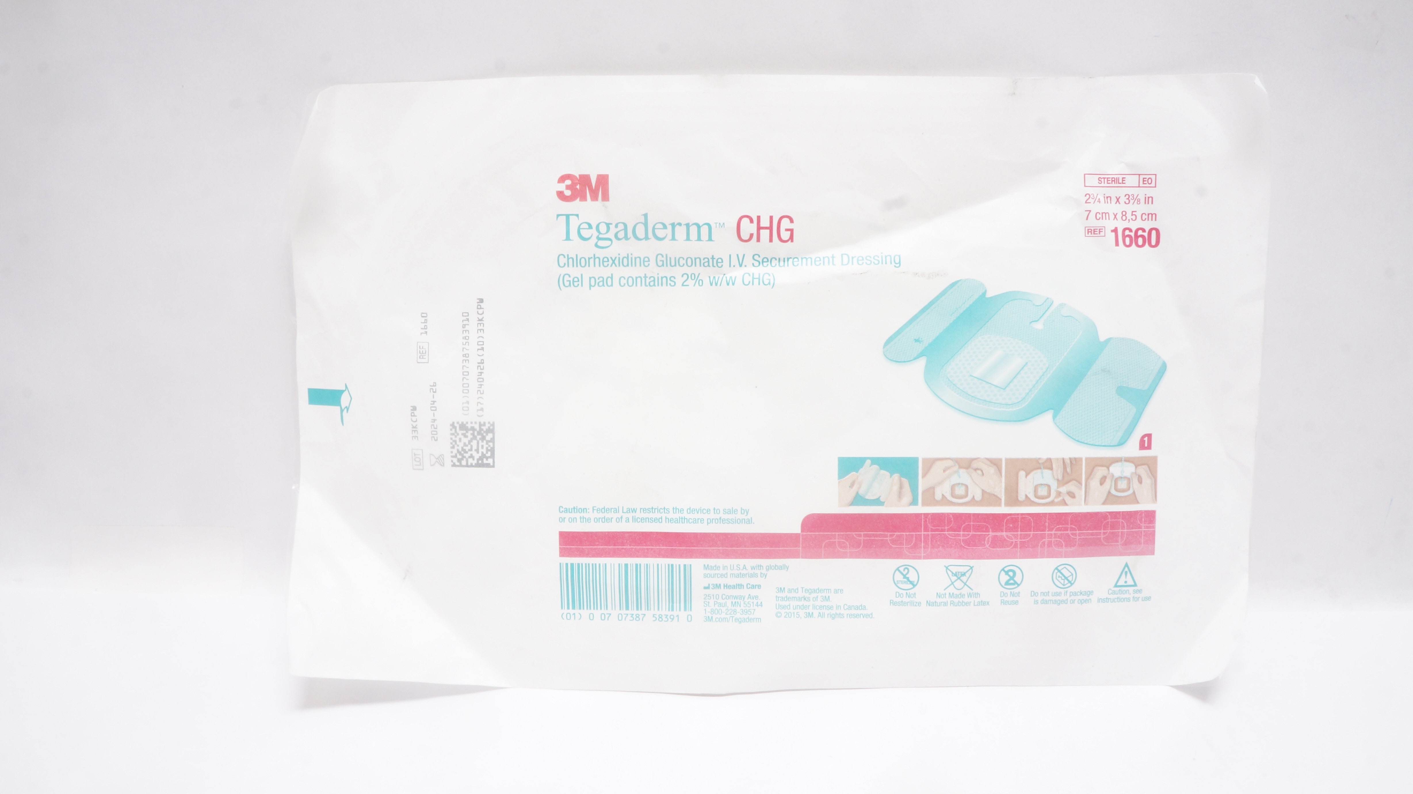 3M 1660 Tegaderm CHG IV Securement Dressing 2-3/4inch x 3-3/8inch