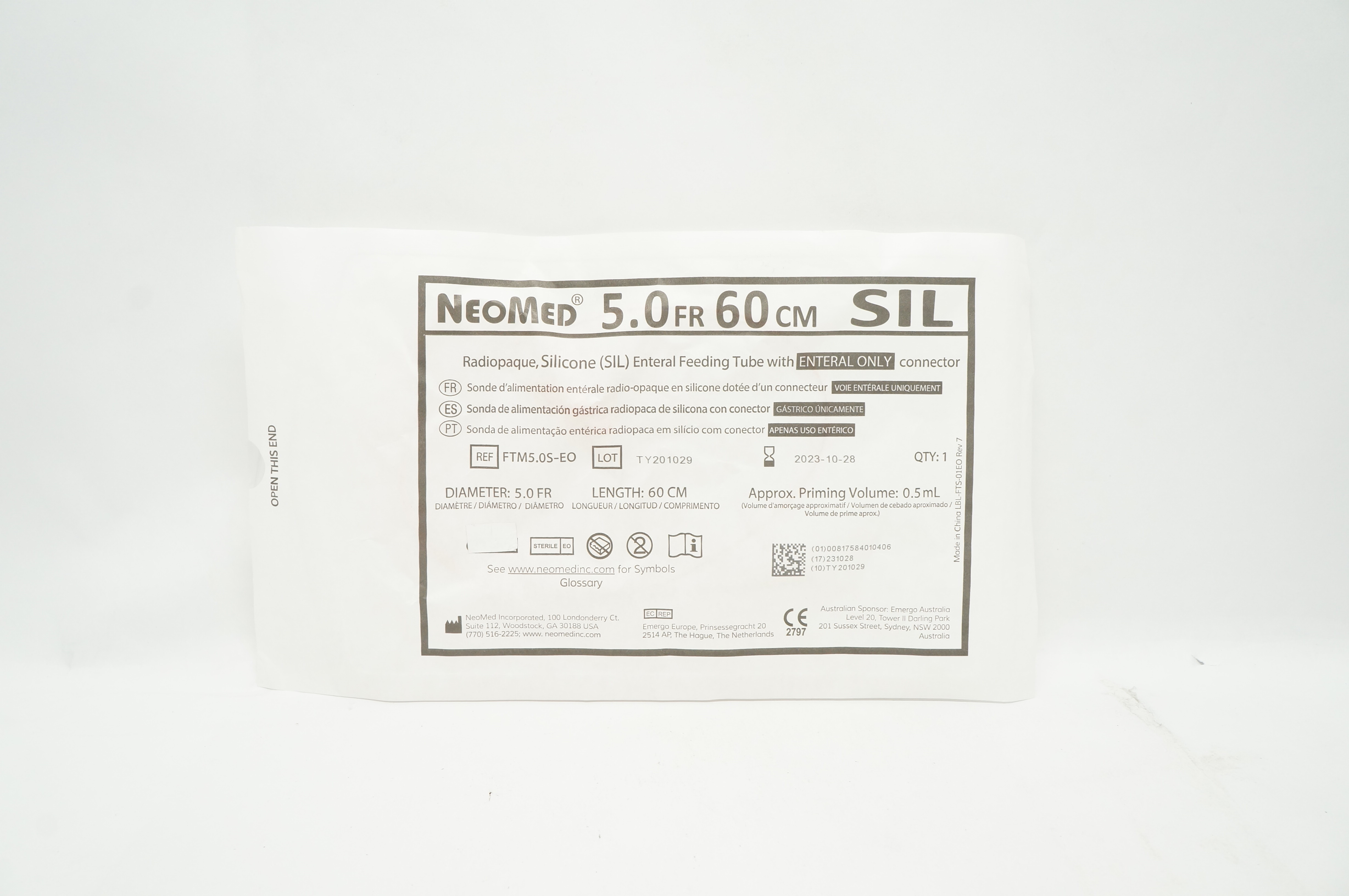 NeoMed FTM5.OS-EO Silicone Feeding Tube with Connector 5.0Fr x 60cm