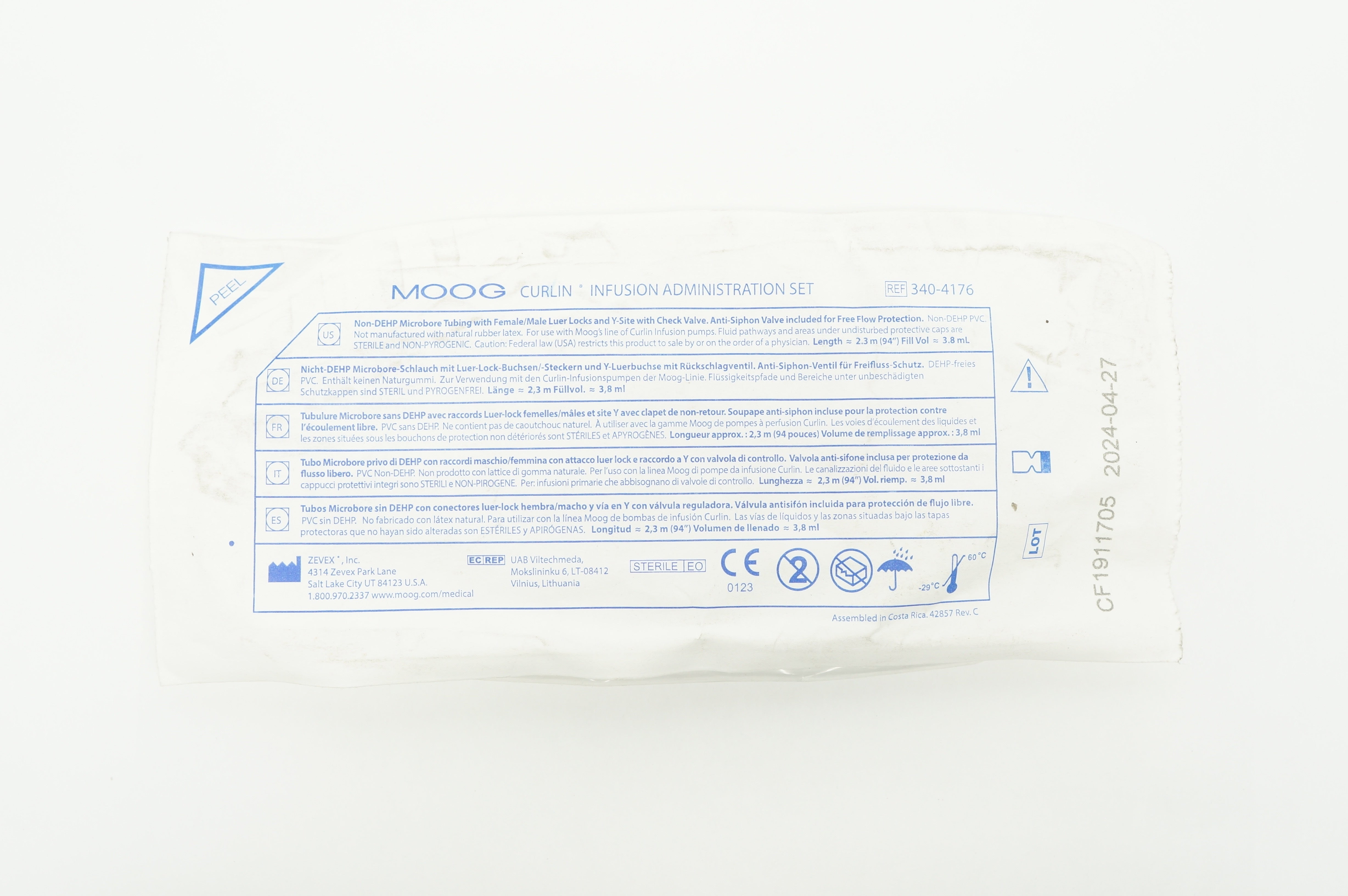 Zevex 340-4176 MOOG Curlin Infusion Administration Set 94 inch x 3.8 ml