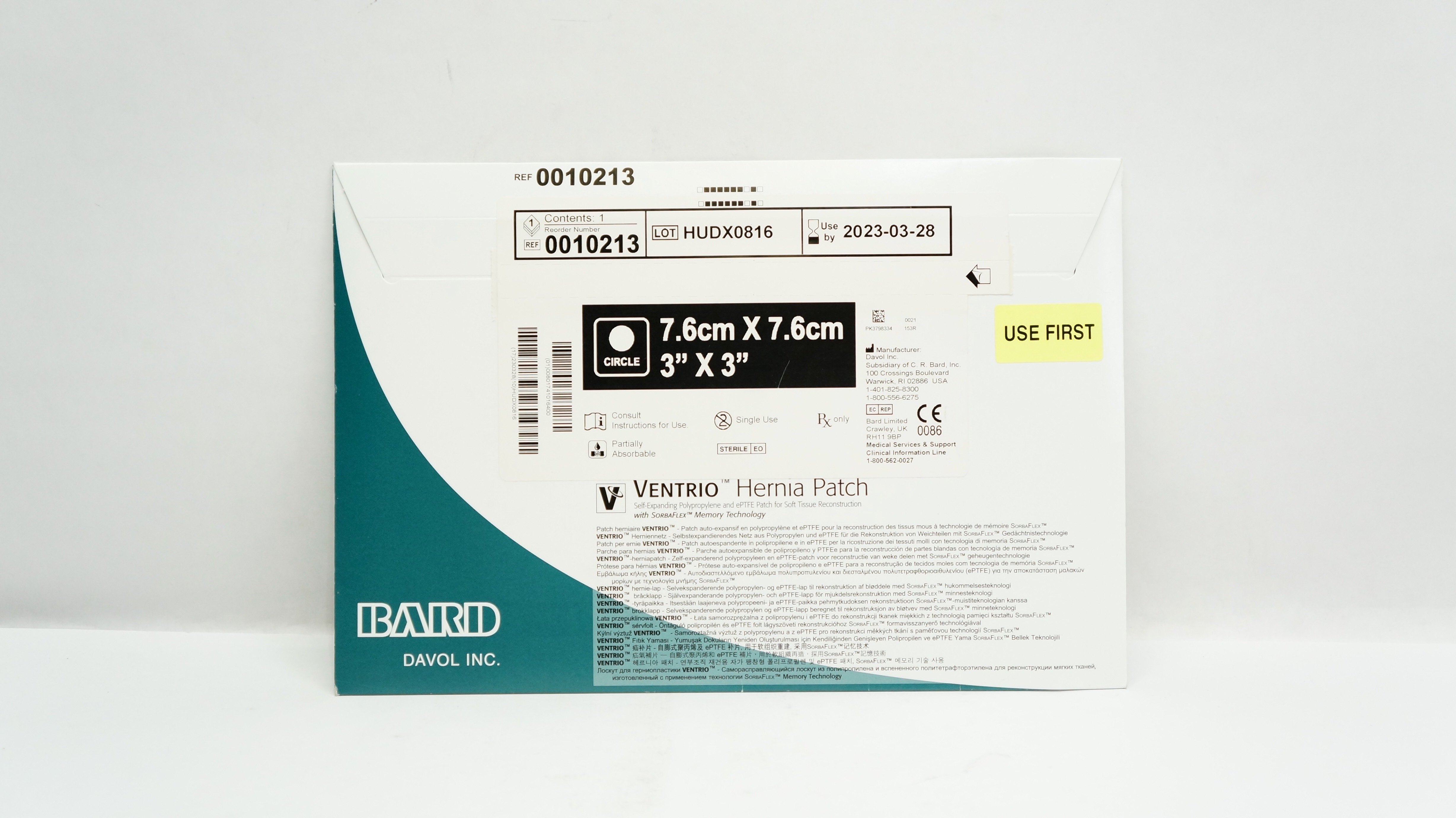 Bard 0010213 VENTRIO Hernia Patch for Soft Tissue Reconstruction 3 x 3inch (x)