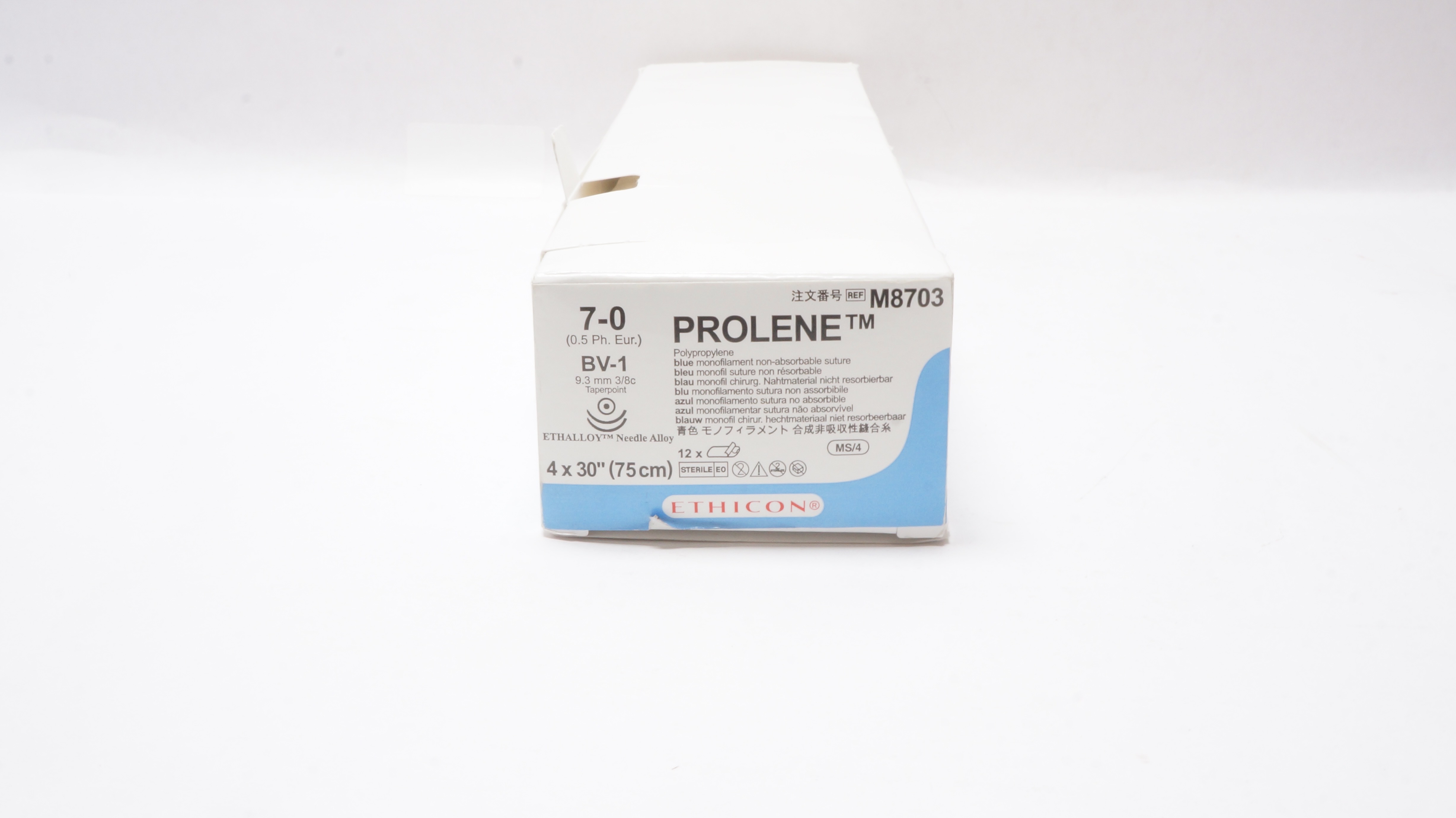 Ethicon M8703 7-0 PROLENE Stre BV-1 9.3mm 3/8c Taperpoint 4 x 30inch - Box of 12