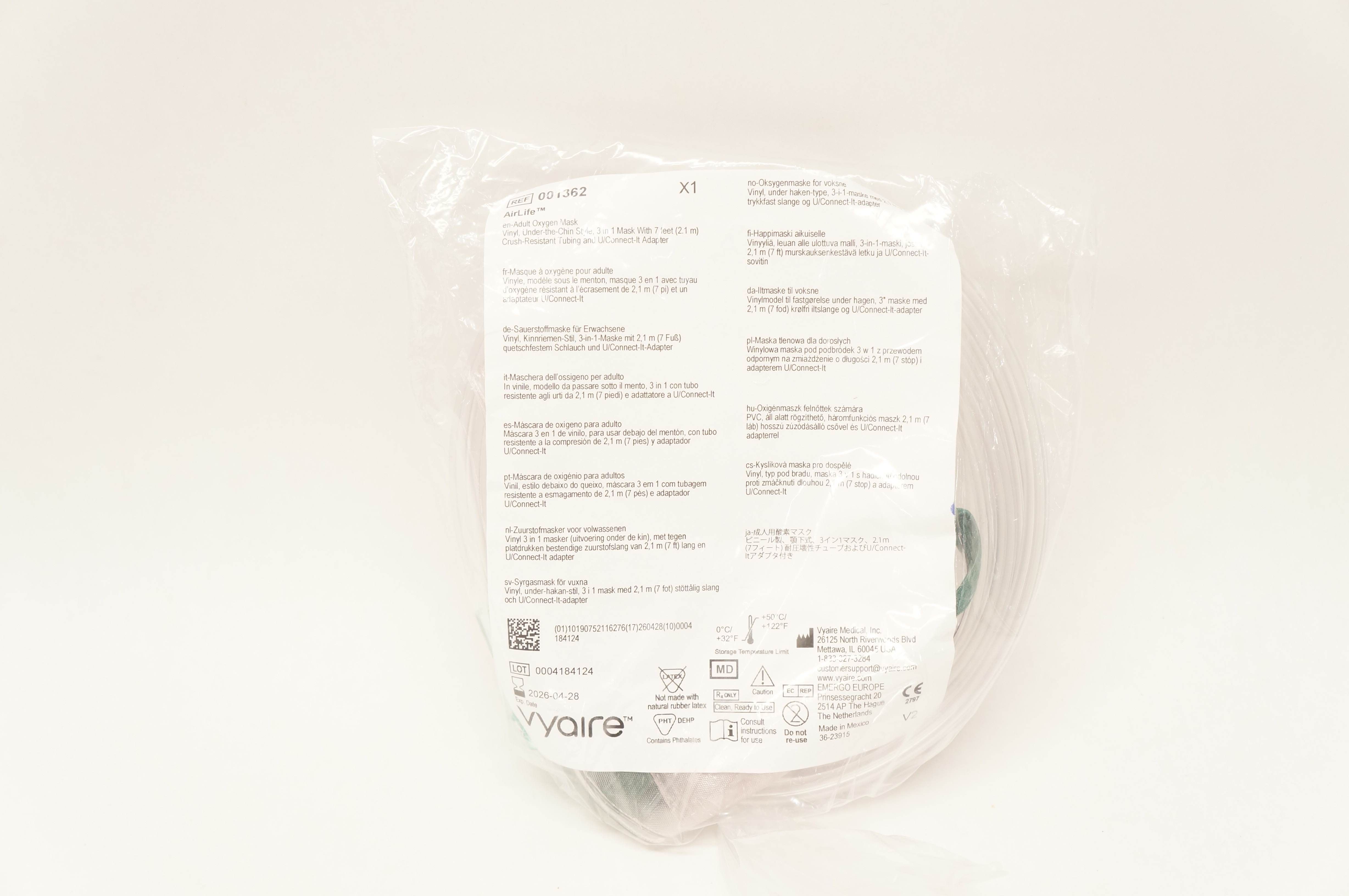 Vyaire 001362 AirLife Adult Oxygen Mask Vinyl