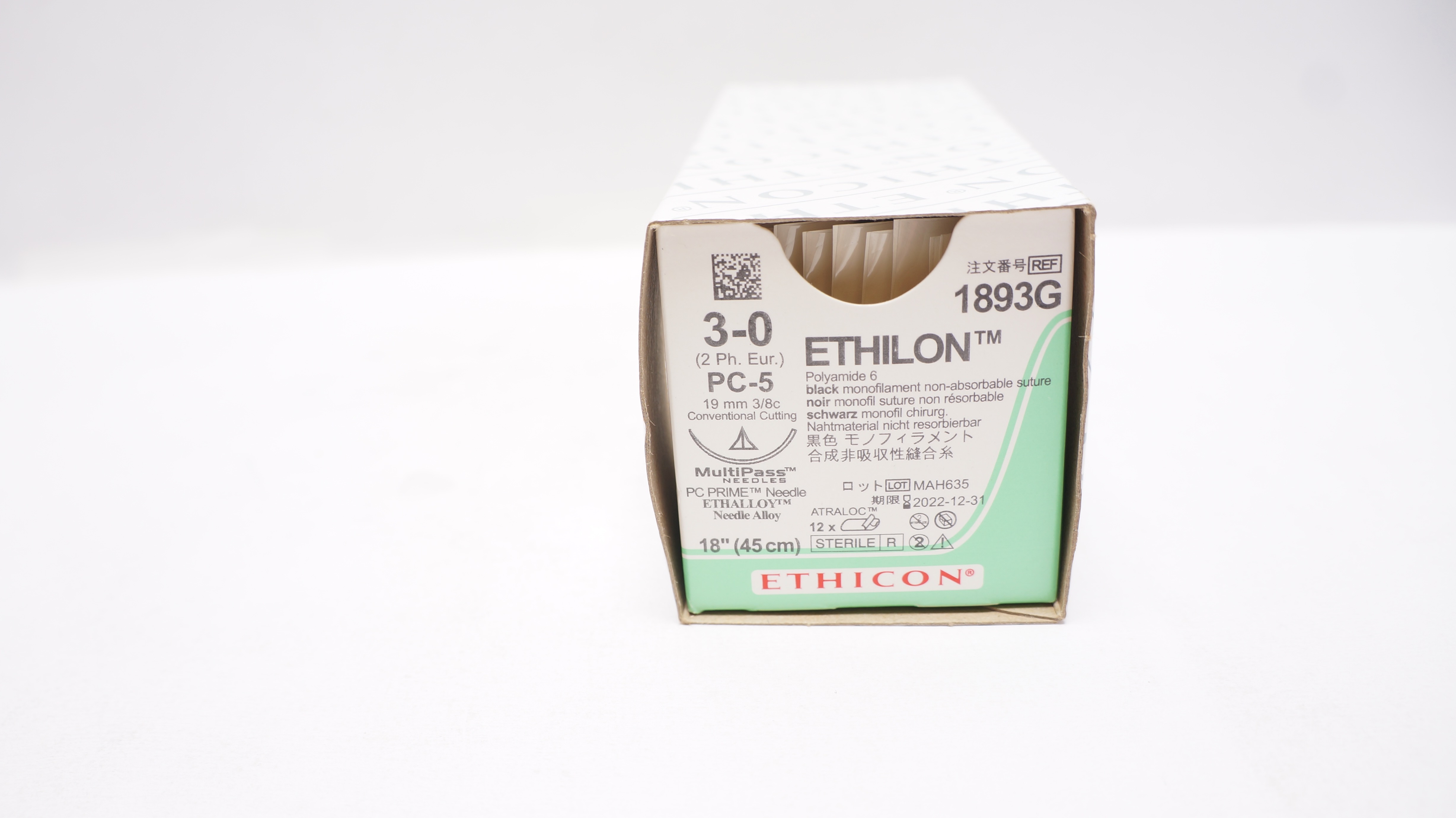 Ethicon 1893G 3-0 ETHILON BLACK 18inch Stre., PC-5 19mm 3/8c (x) - Box of 12