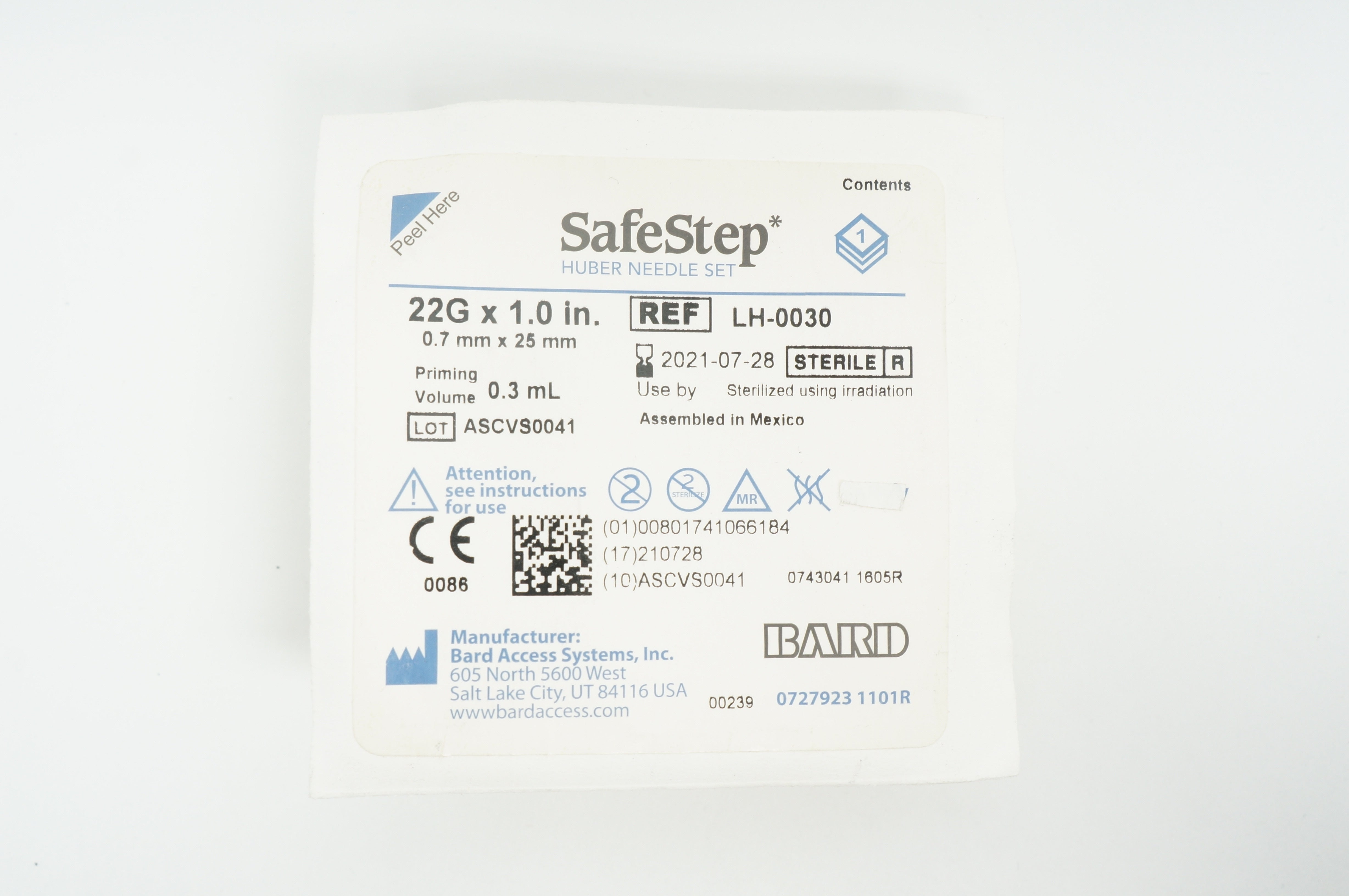 Bard LH-0030 SafeStep 22G x 1.0inch, 0.7ml x 25mm, Priming Volume 0.3mL (x)