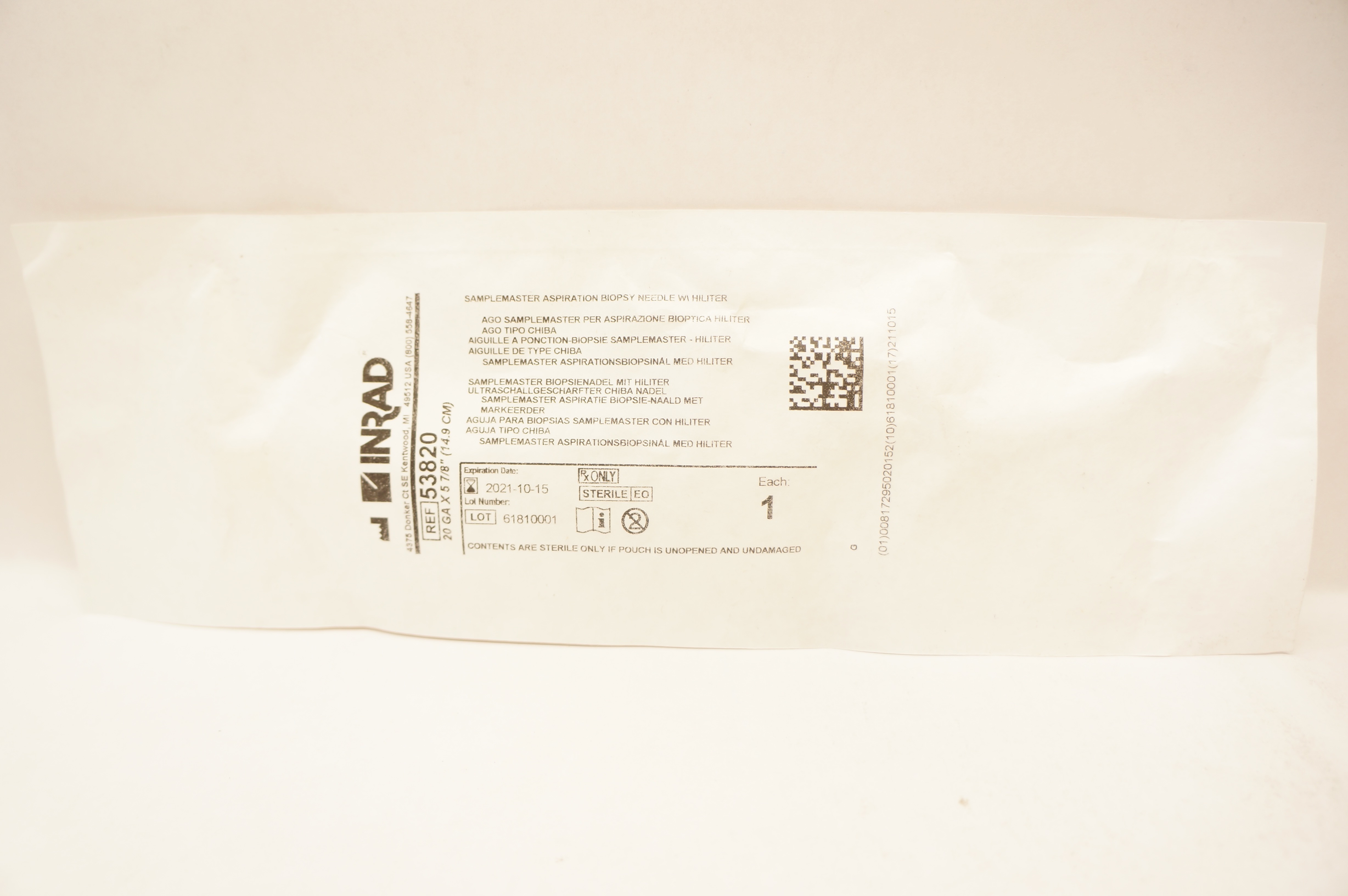 INRAD 53820 Samplemaster Aspiration Biopsy Ndle w\ Hiliter 20GA x 57/8inch (x)