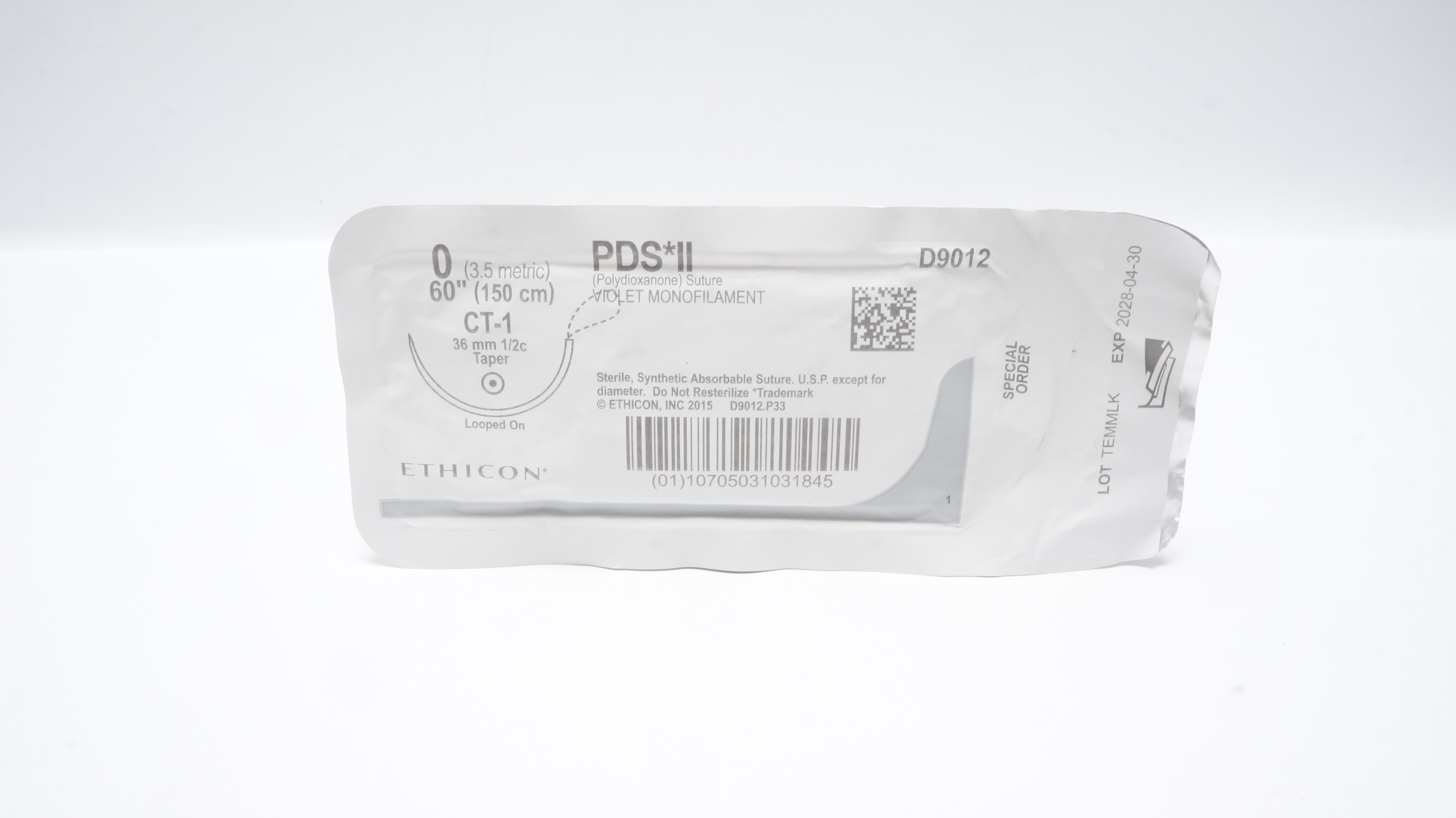 Ethicon D9012 0 PDS II Polydioxanone Stre CT-1 36mm 1/2c Taper, 60inch