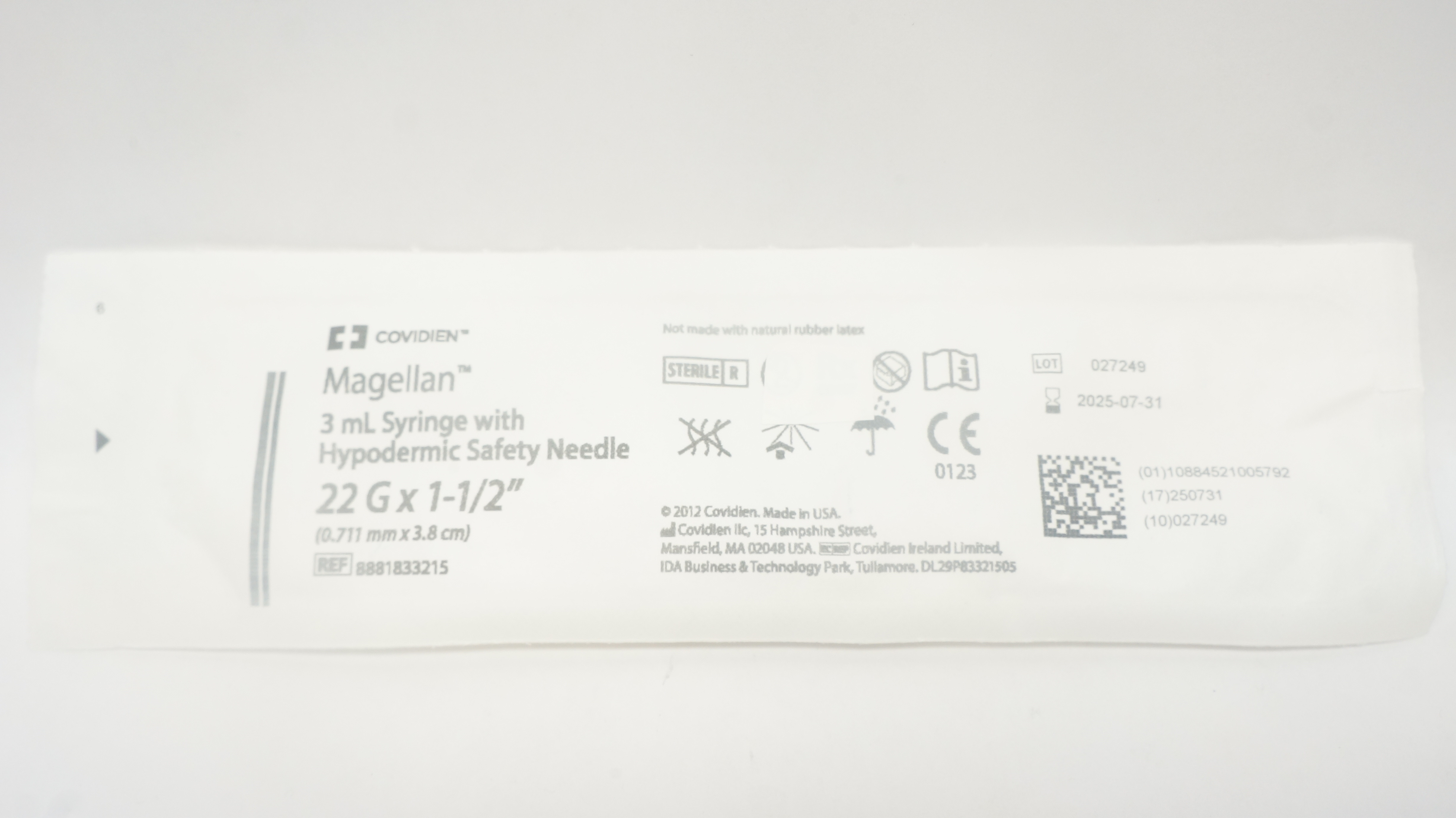 Covidien 8881833215 Magellan 3mL Syringe, Hypodermic Safety Ndle 22G x 1-1/2inch
