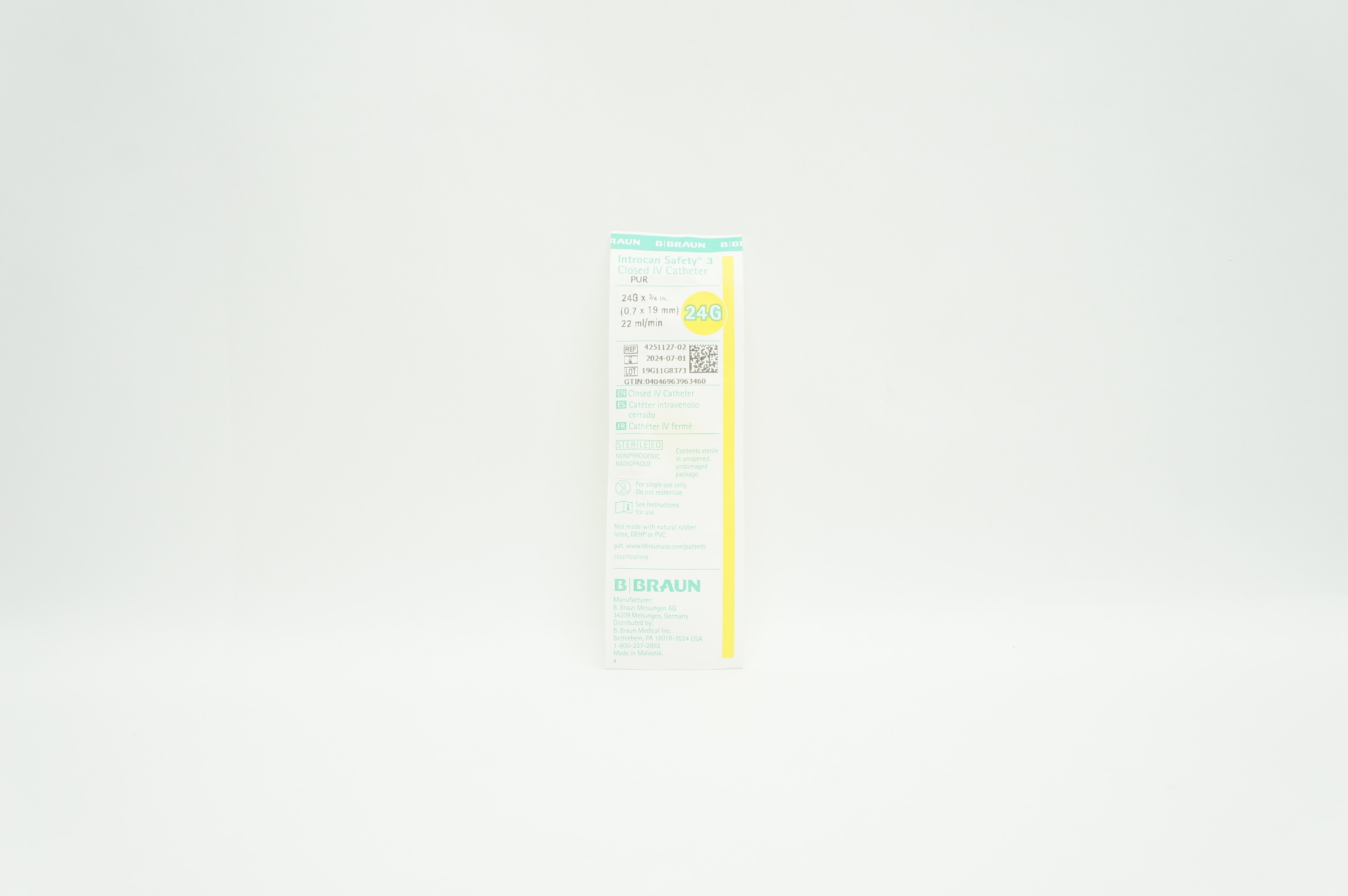 B.Braun 4251127-02 Closed IV Cath. 24G x 3/4inch 22ml/min