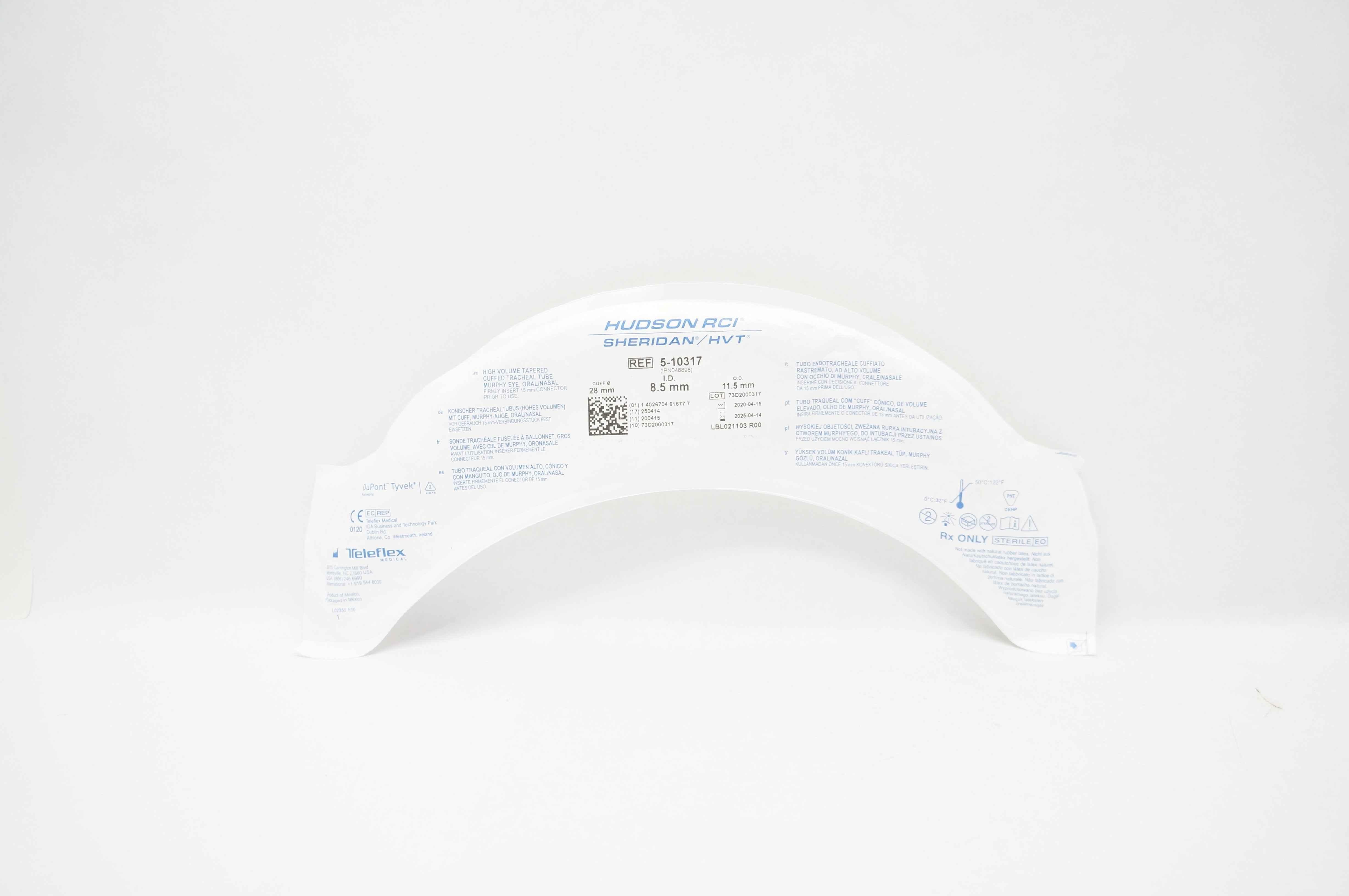 Teleflex 5-10317 High Volume Tapered Cuffed Tracheal Tube 8.5mm ID x 11.5mm OD