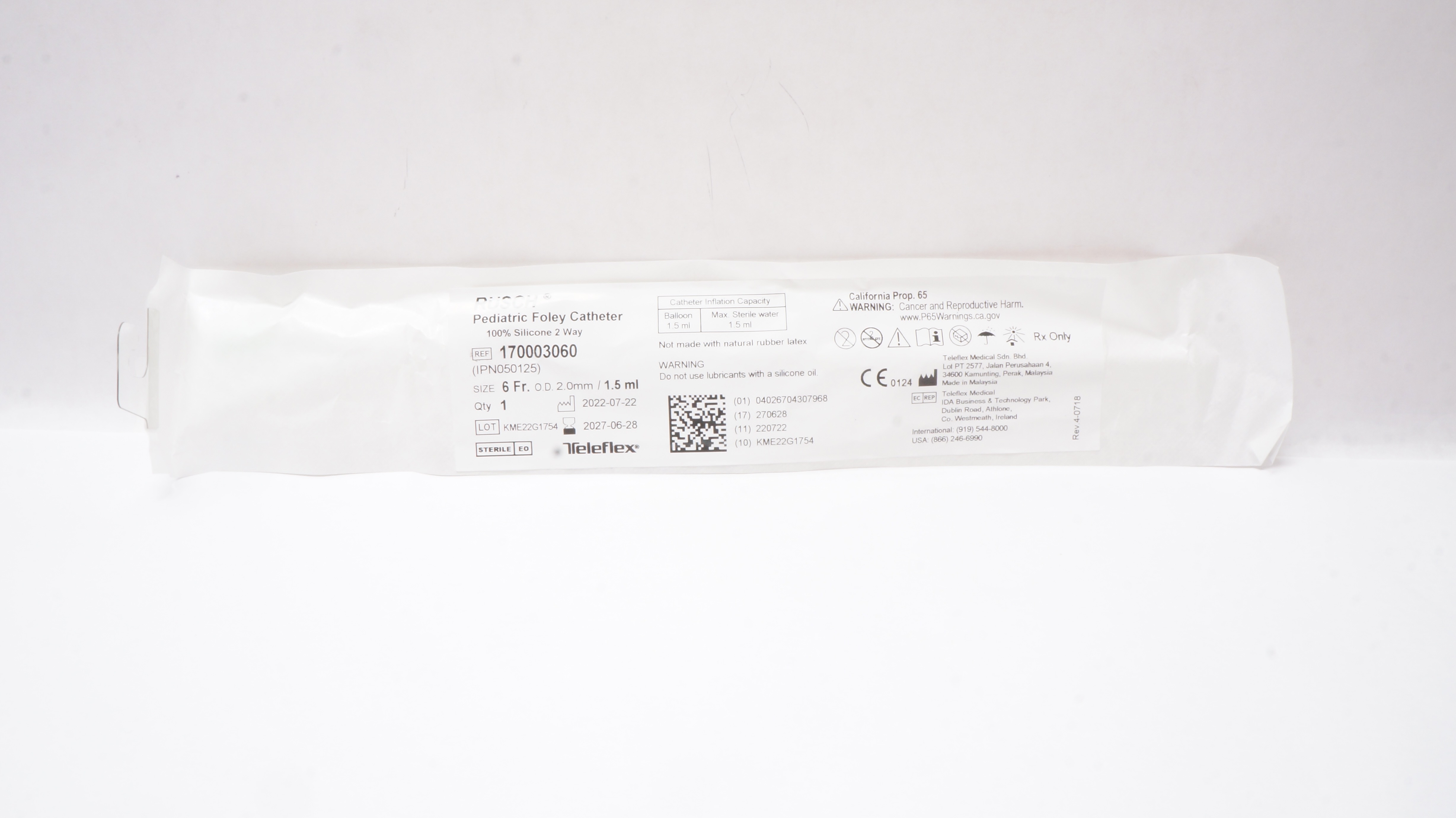 Teleflex 170003060 RUSCH Pediatric Foley Cath. 6Fr x 2.0mm O.D. x 1.5mL