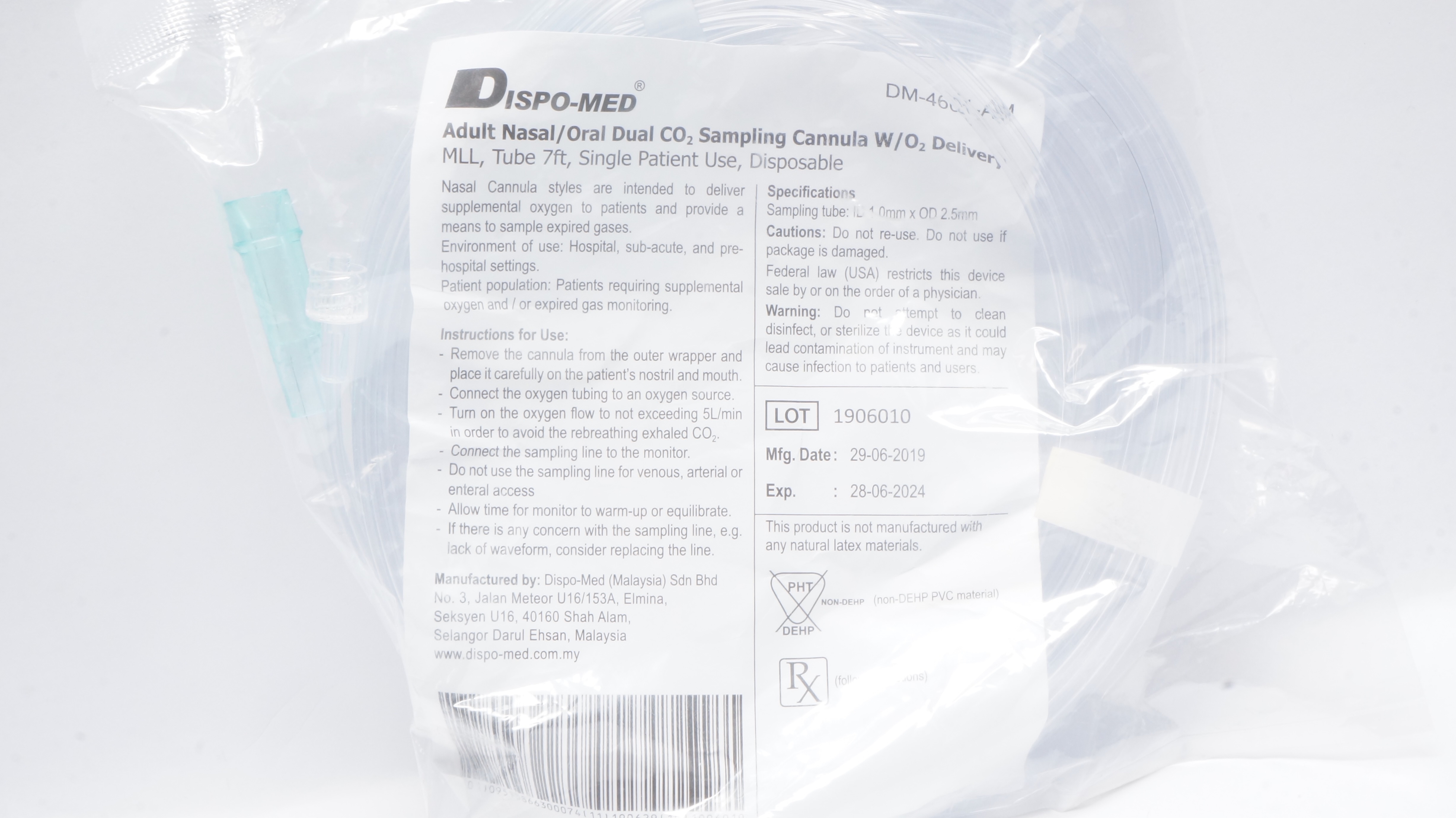 Dipo-Med DM-4601-AM Nasal/Oral Dual CO2 Sampling Cannula W/O2 Delivery (x)