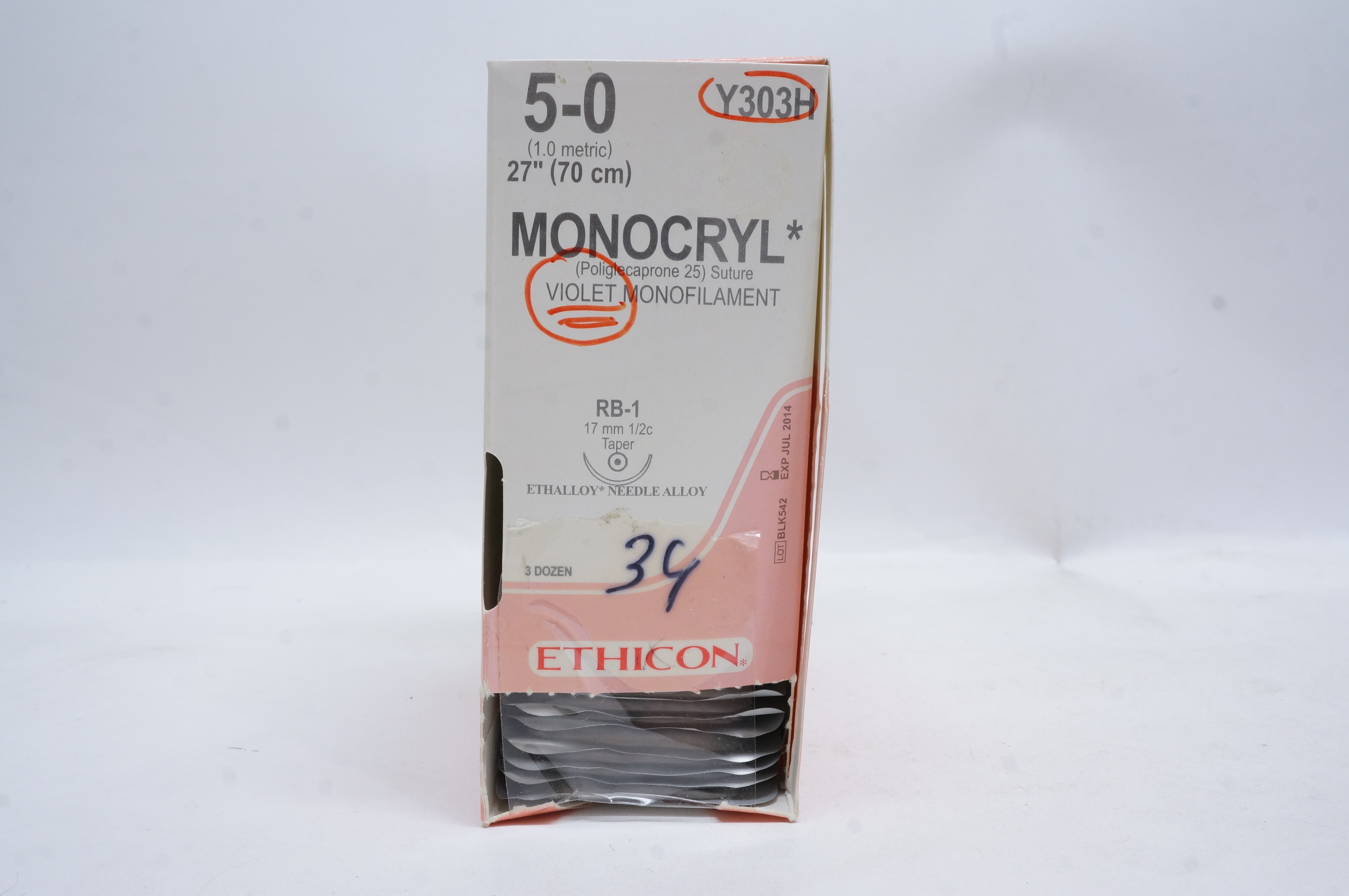 Ethicon Y303H 5-0 MONOCRYL, RB-1, 17mm 1/2c Taper, 27inch (x) - Box of 34