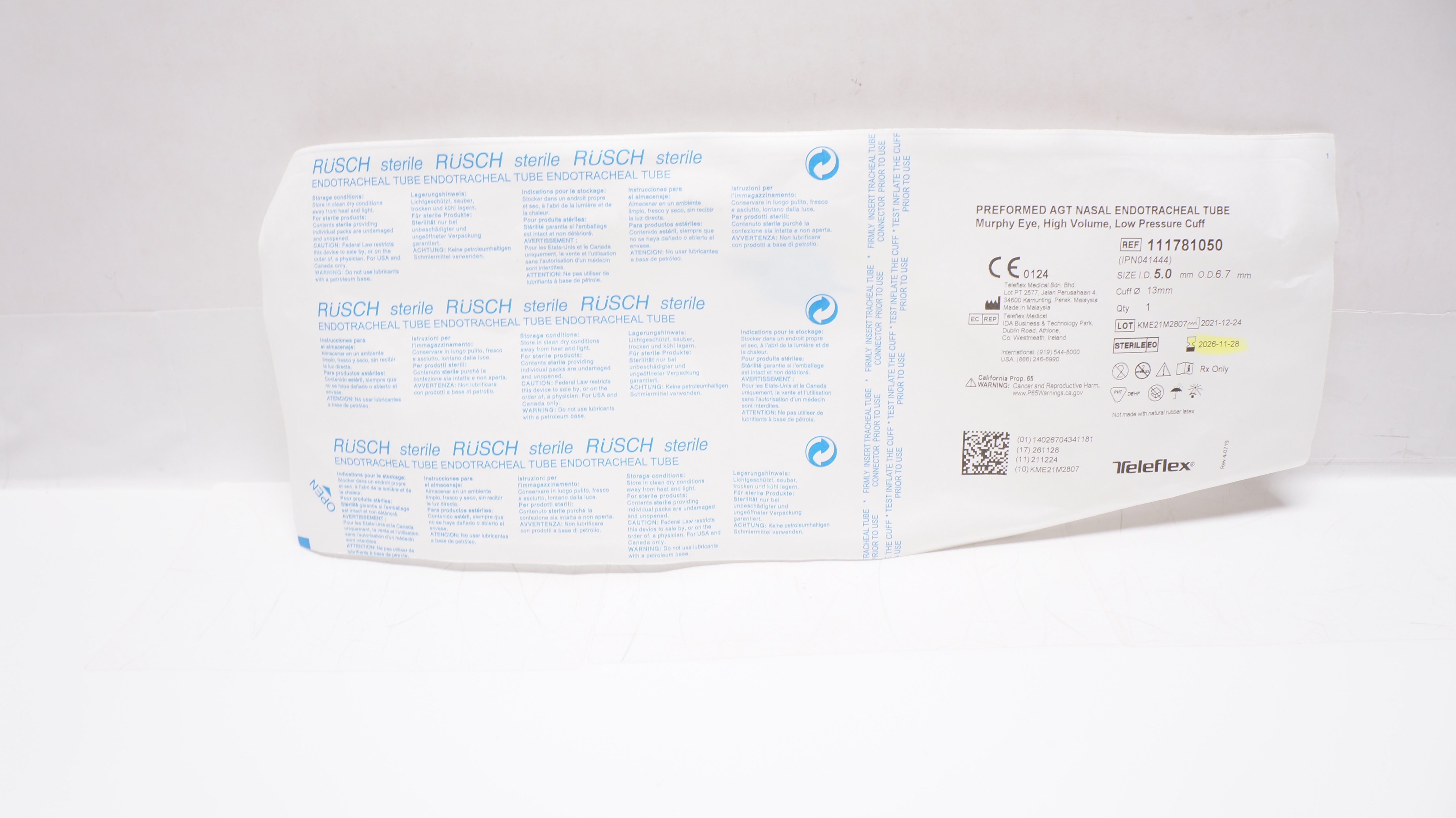 Teleflex 111781050 Preformed AGT Nasal Endotracheal Tube 5.0ID x 6.7OD x 13.0mm