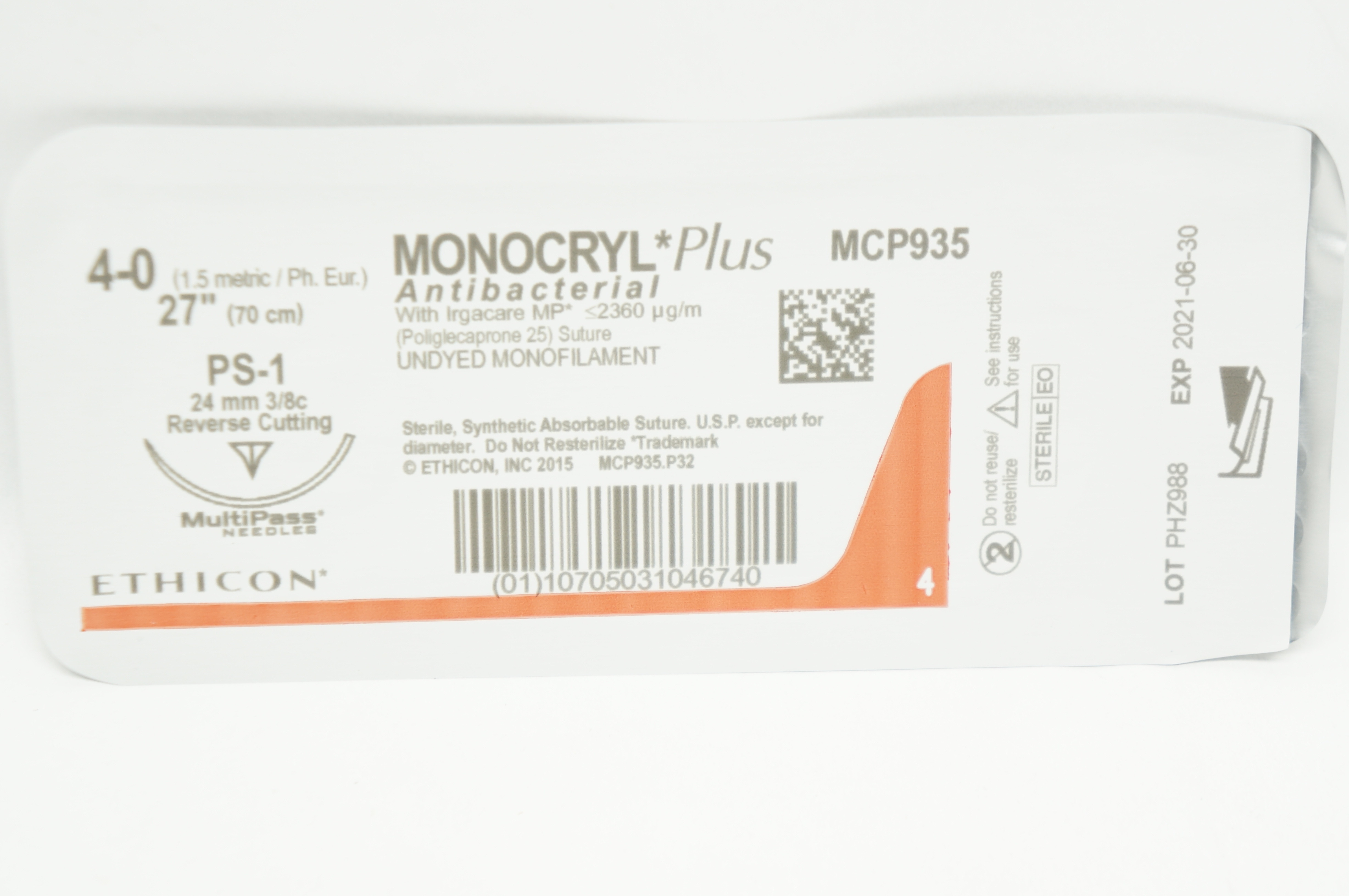 Ethicon MCP935 4-0 MONOCRYL Plus PS-1 24mm 3/8c Reverse Cutting, 27inch (x)