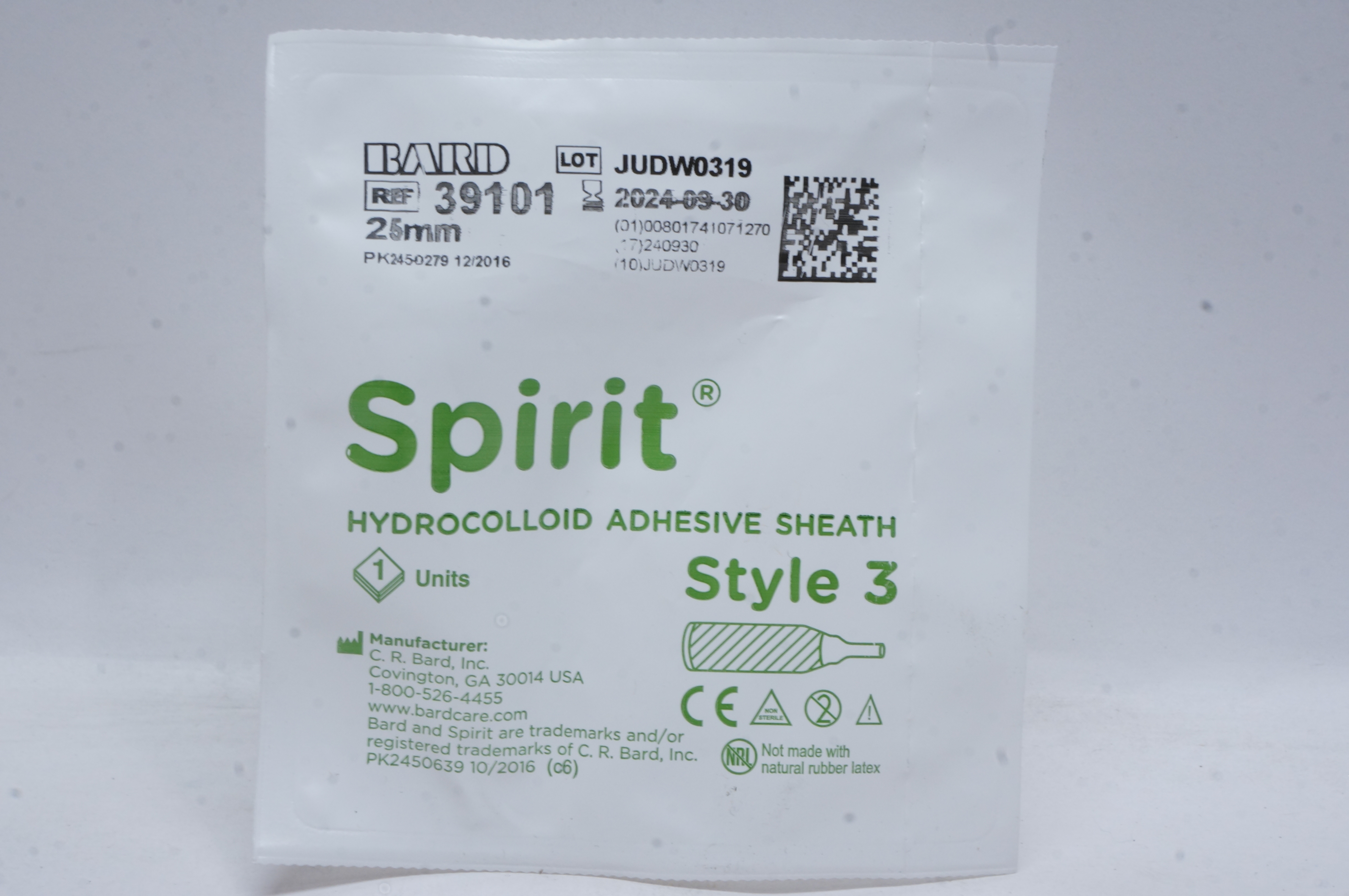 Bard 39101 Spirit Hydrocolloid Adhesive Sheath, Style 3, 25mm